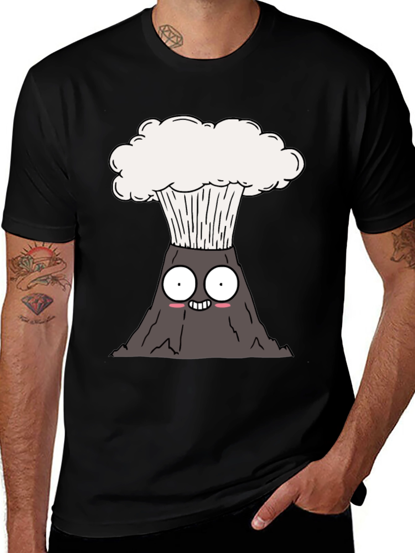Cute Cartoon Volcano Black T-Shirt
