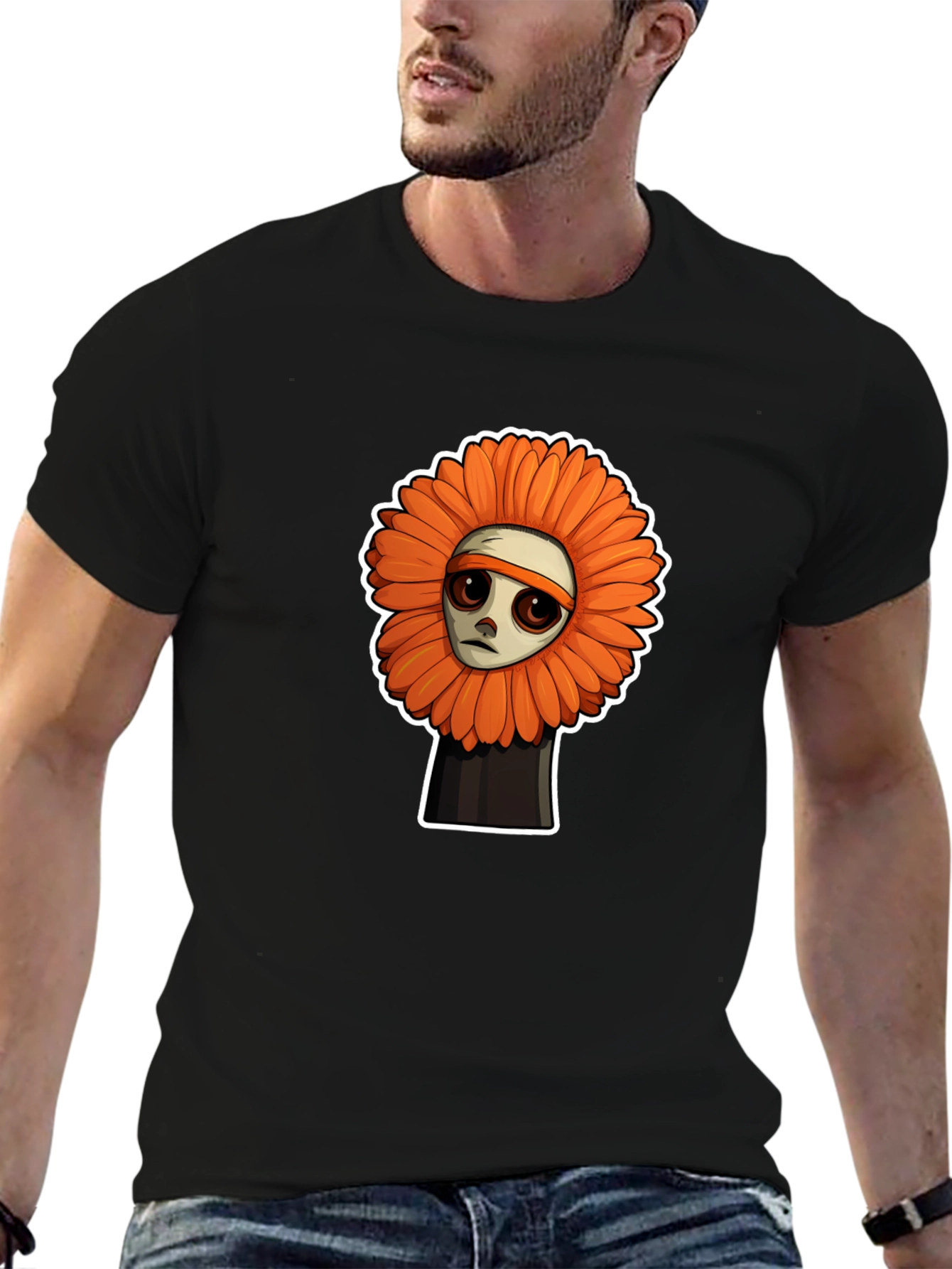 Sad Flower Cartoon Graphic T-Shirt - Unisex Black Tee