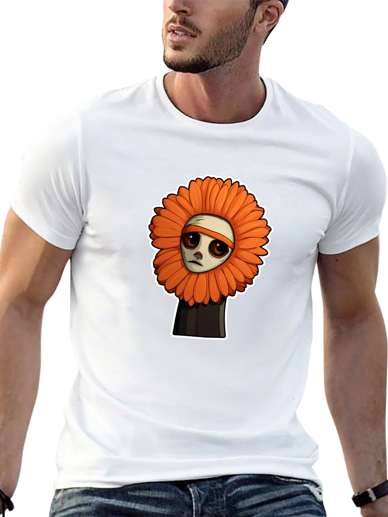 Sad Flower Cartoon Graphic T-Shirt - Unisex Black Tee
