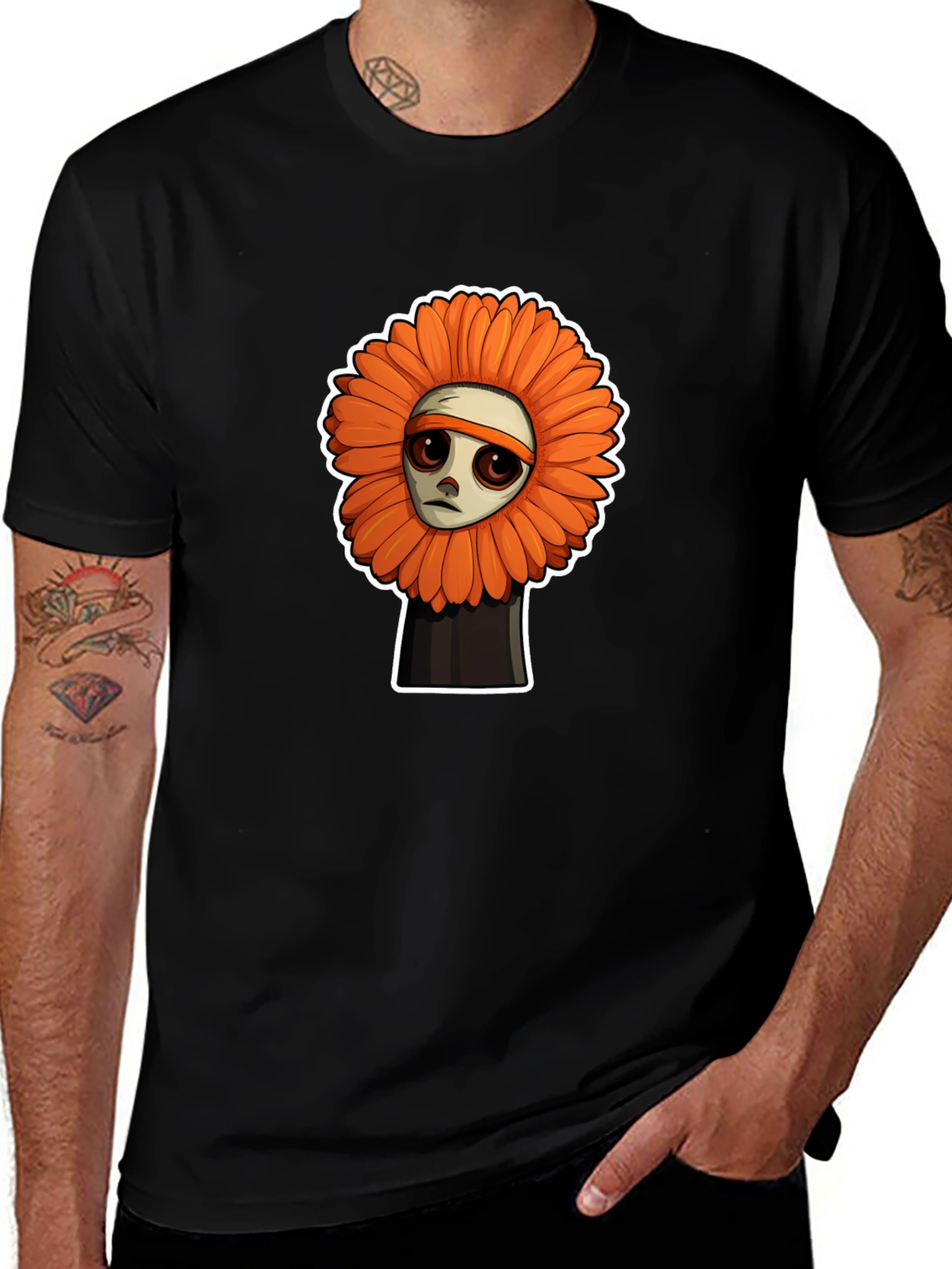 Sad Flower Cartoon Graphic T-Shirt - Unisex Black Tee