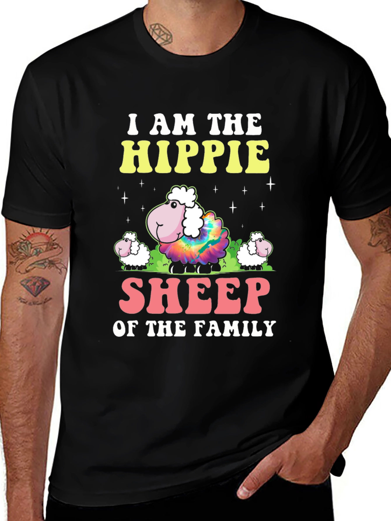Hippie Sheep Family Graphic T-Shirt - Black
