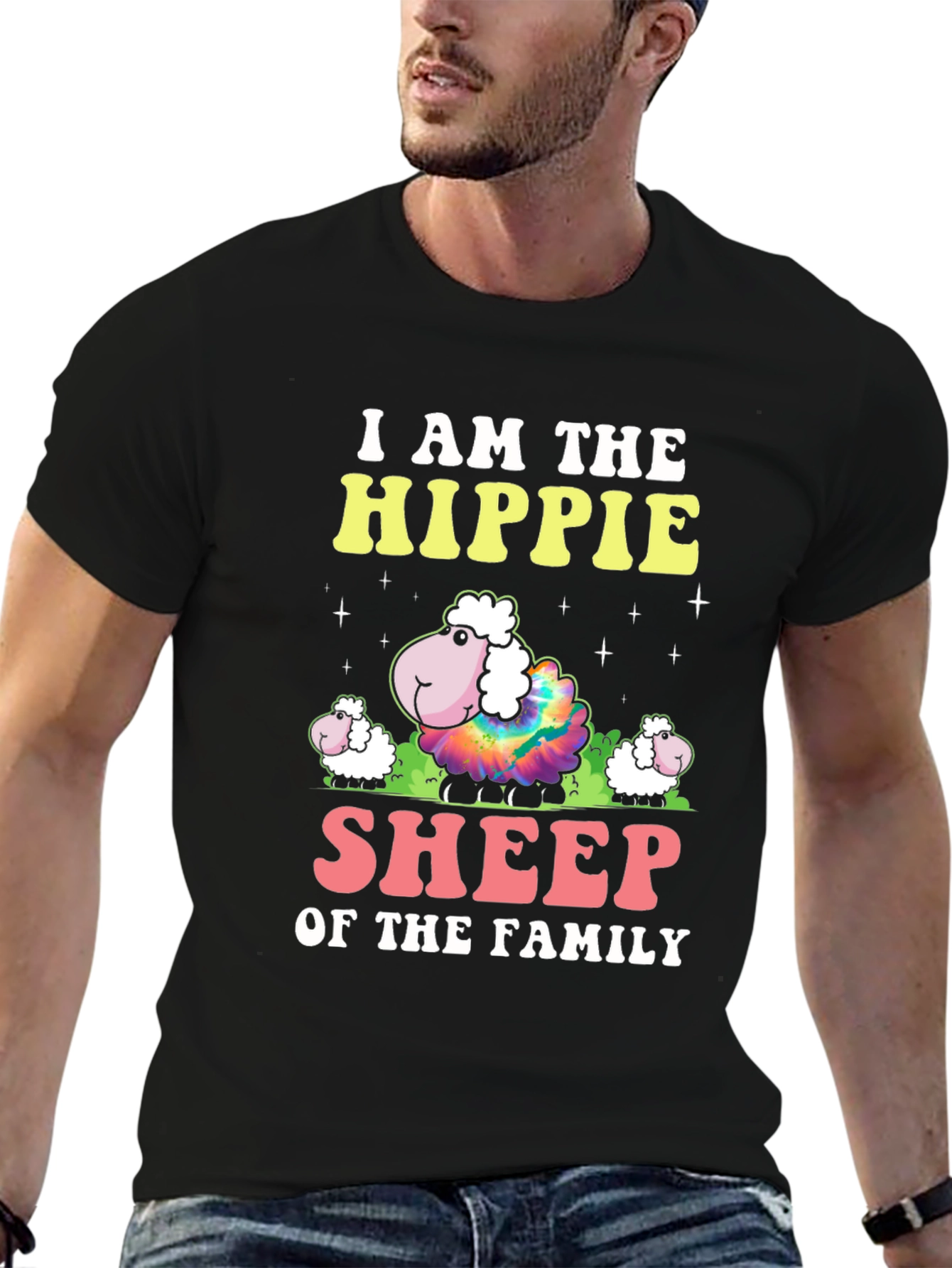 Hippie Sheep Family Graphic T-Shirt - Black