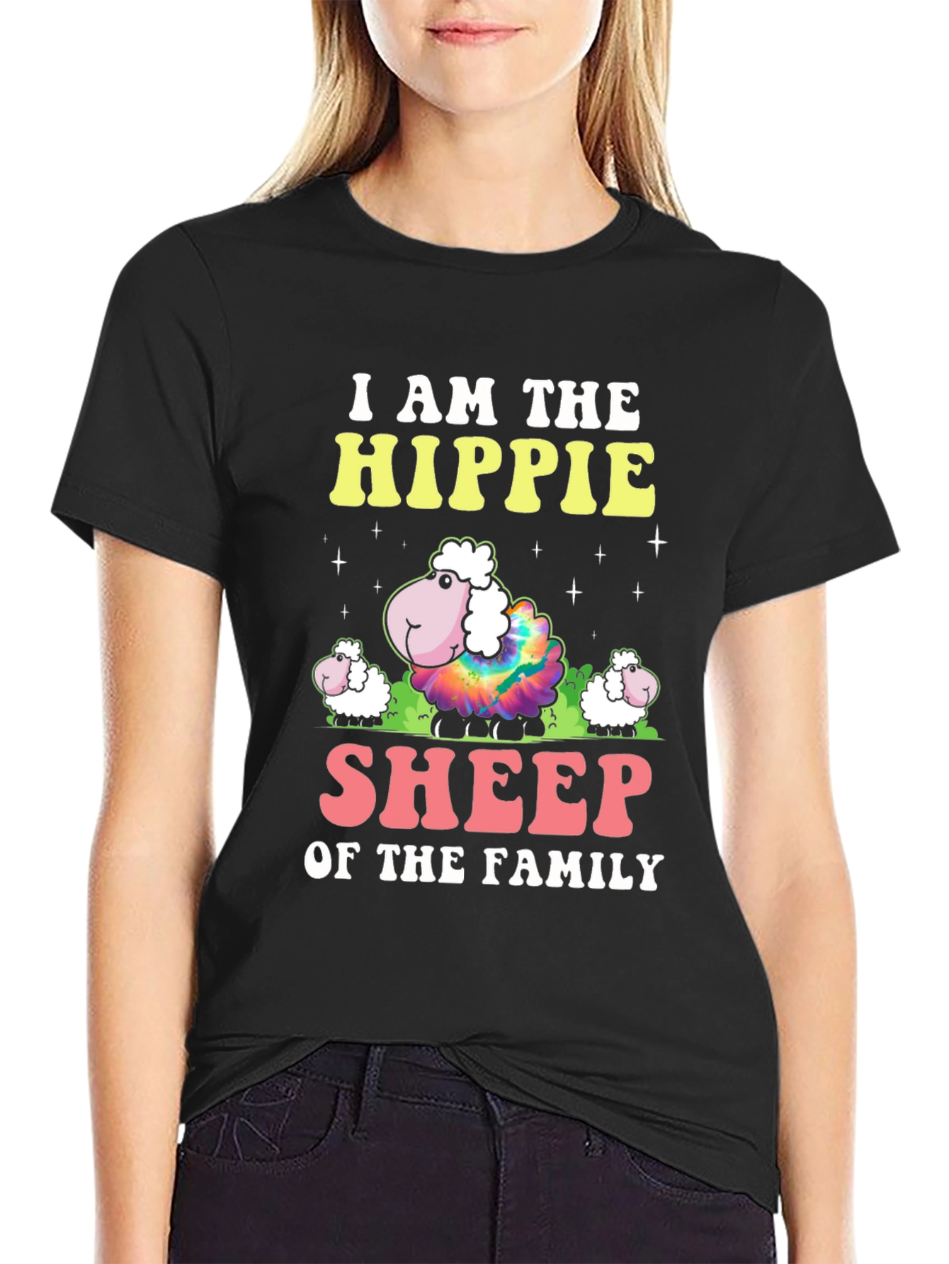 Hippie Sheep Family Graphic T-Shirt - Black