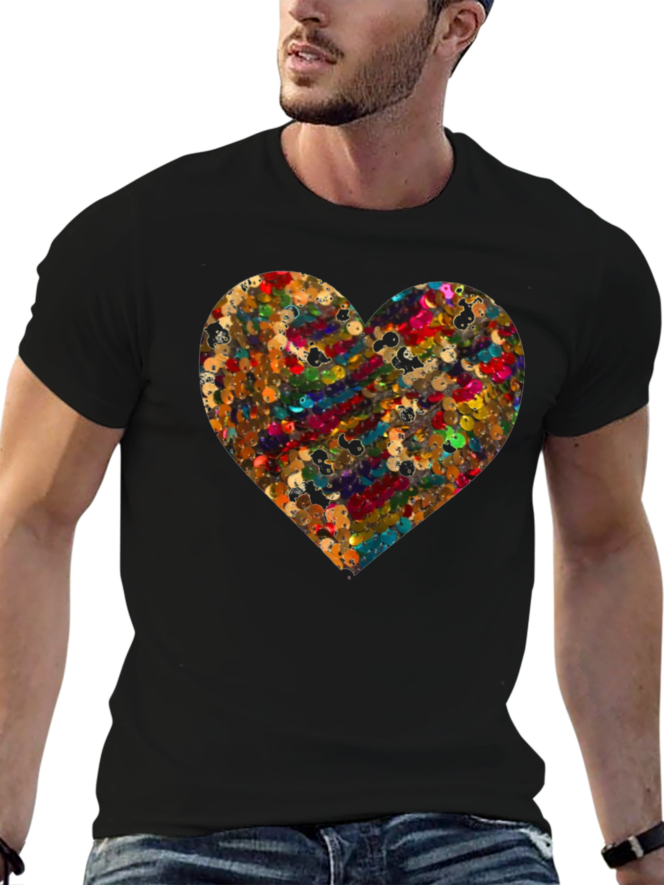 Heart Sequin Pattern Black T-Shirt