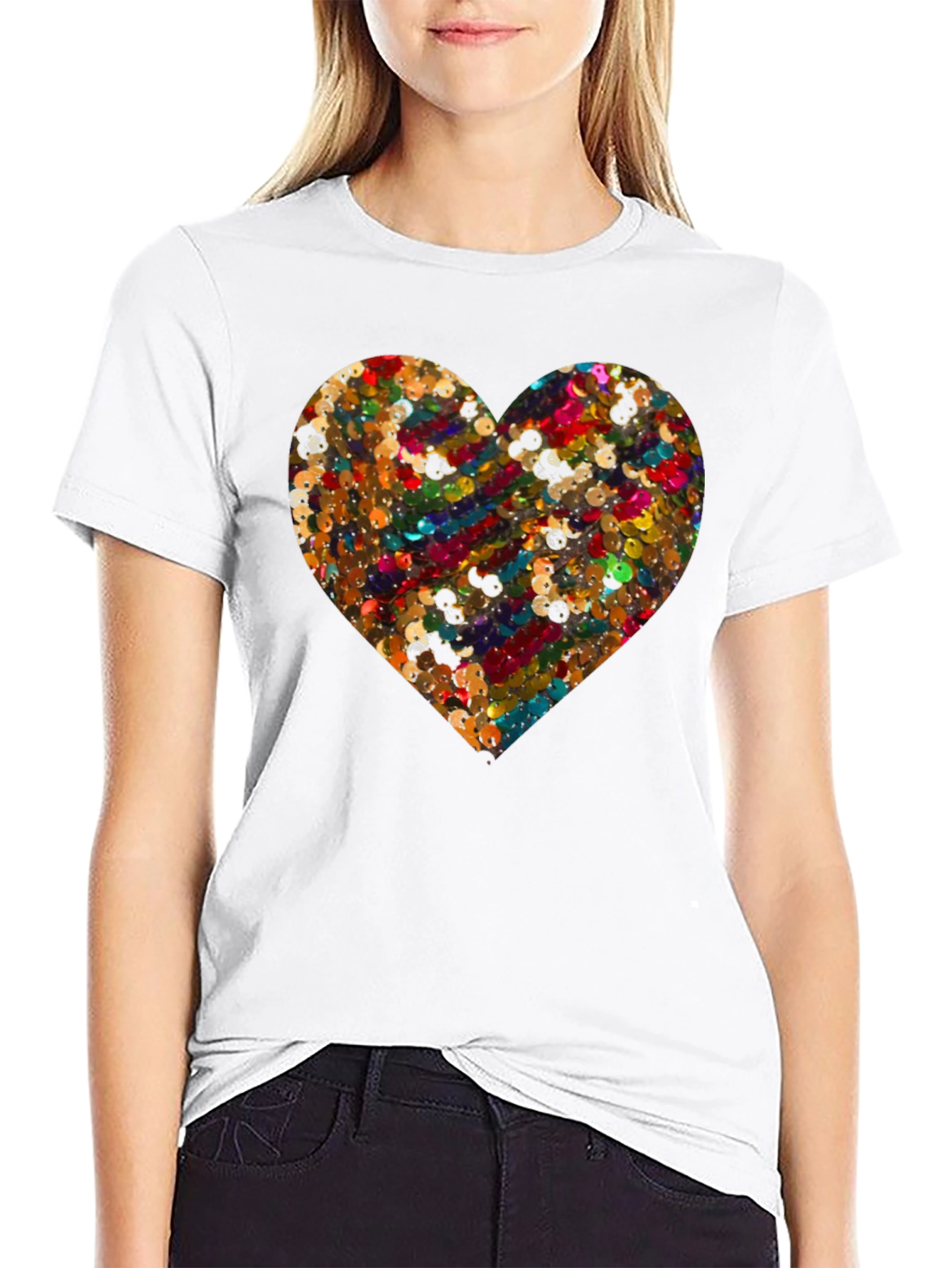 Heart Sequin Pattern Black T-Shirt