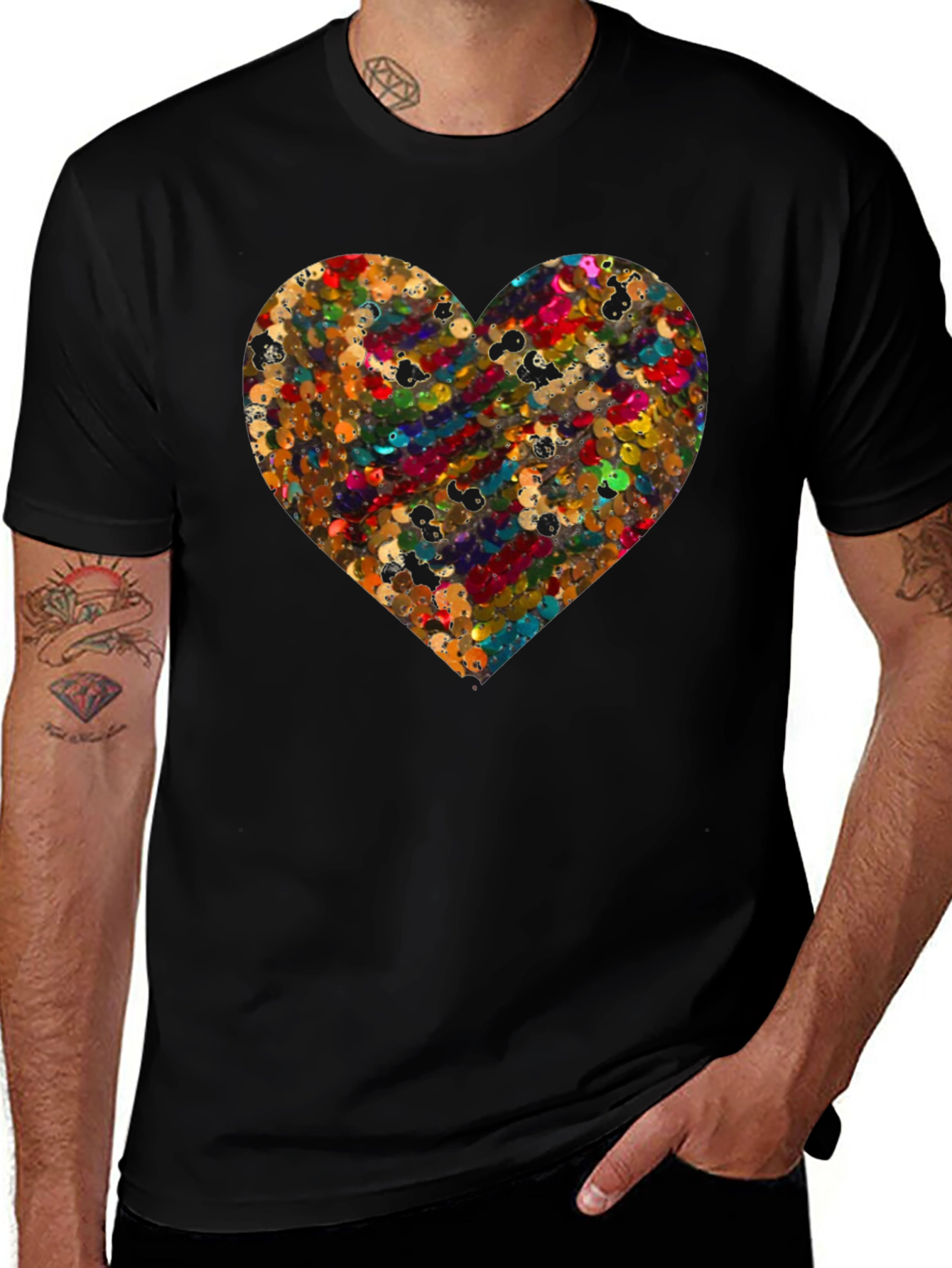 Heart Sequin Pattern Black T-Shirt