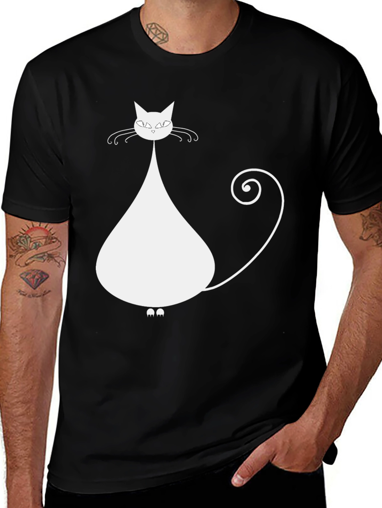 Stylish Cat Graphic Tee - Black Cotton Blend