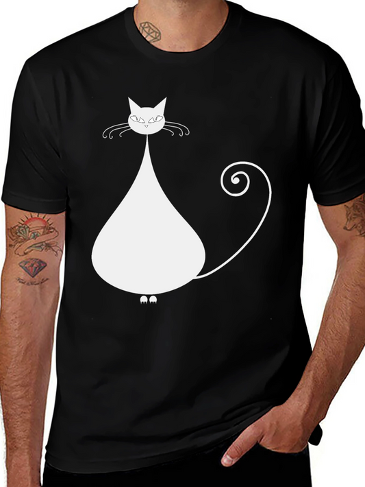 Stylish Cat Graphic Tee - Black Cotton Blend