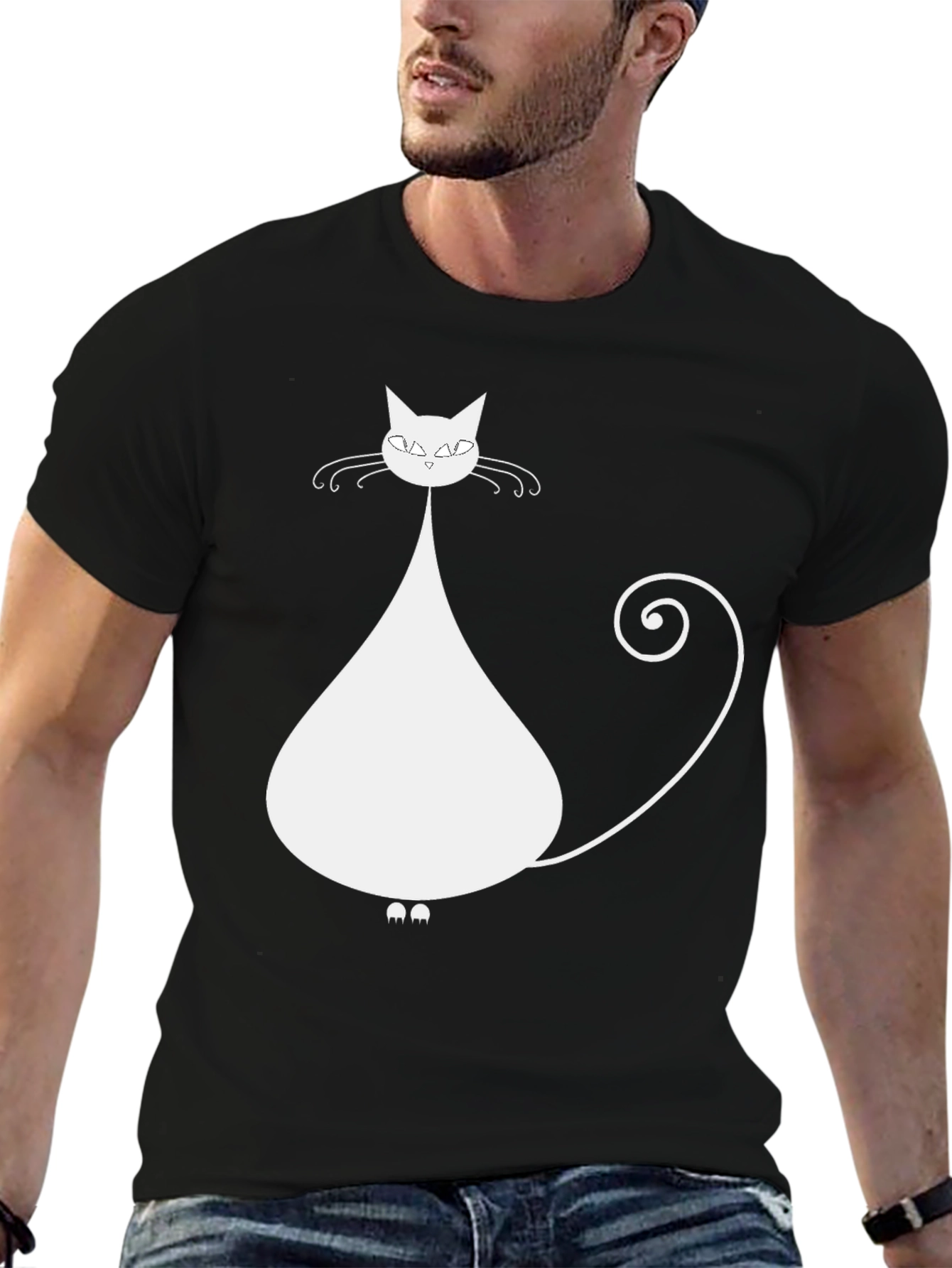 Stylish Cat Graphic Tee - Black Cotton Blend