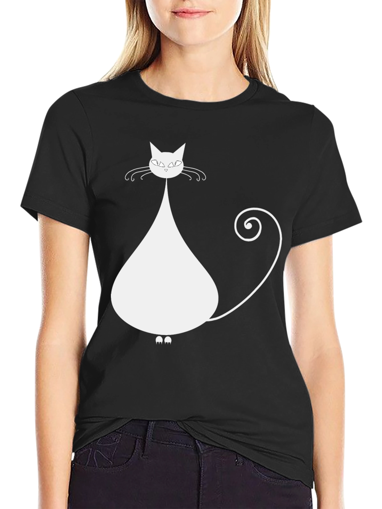 Stylish Cat Graphic Tee - Black Cotton Blend