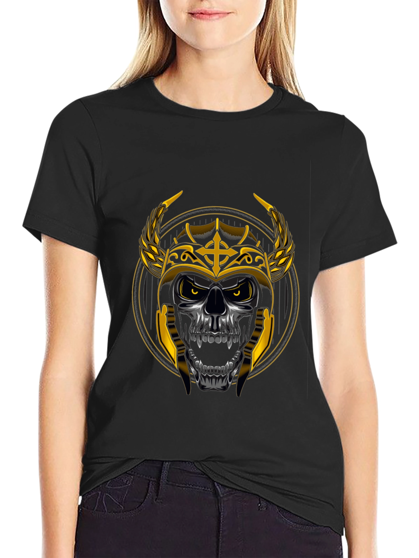 Skull Viking Helmet Graphic Tee - Black