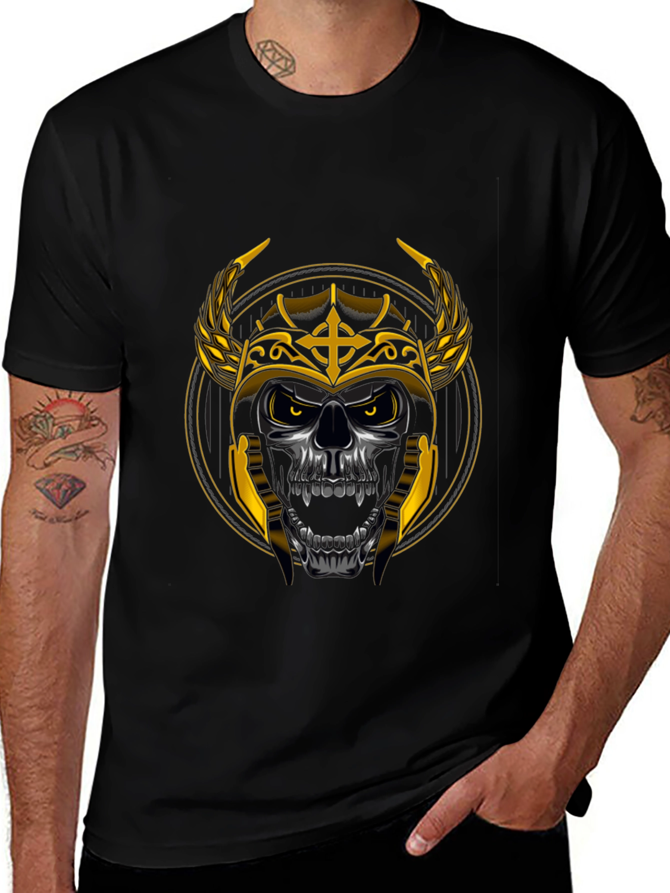 Skull Viking Helmet Graphic Tee - Black