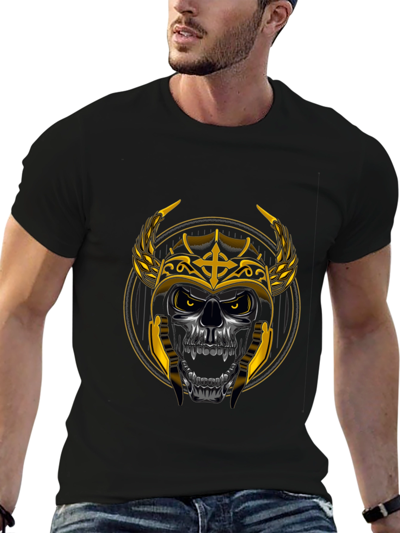 Skull Viking Helmet Graphic Tee - Black