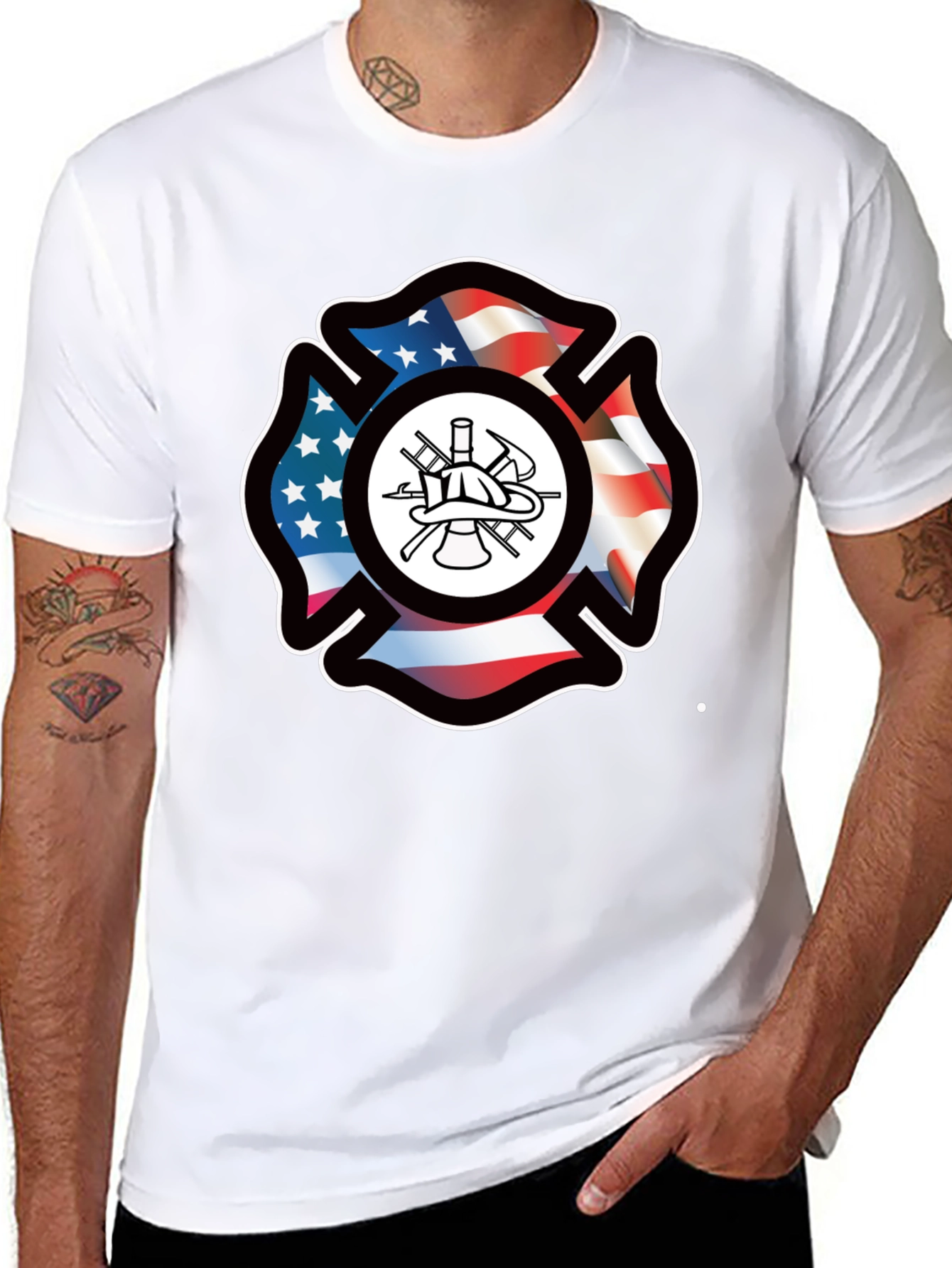 Firefighter Maltese Cross American Flag T-Shirt