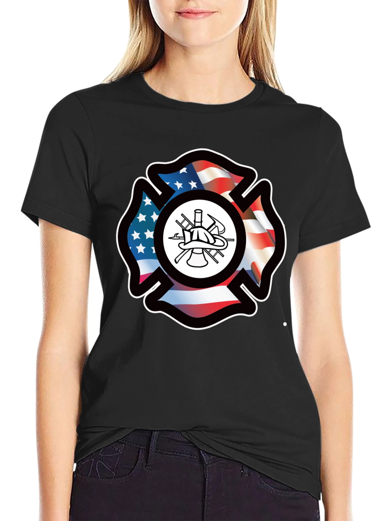 Firefighter Maltese Cross American Flag T-Shirt