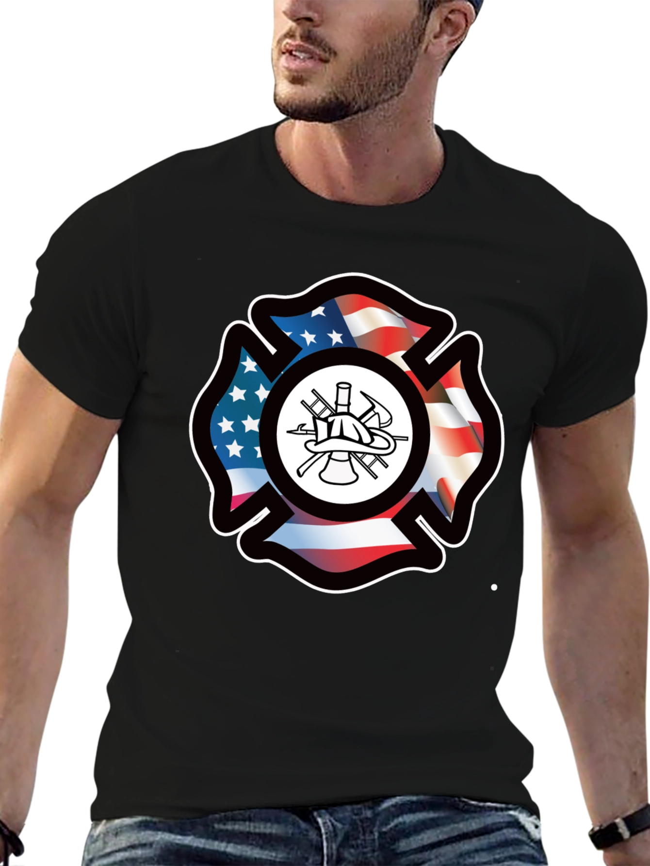Firefighter Maltese Cross American Flag T-Shirt