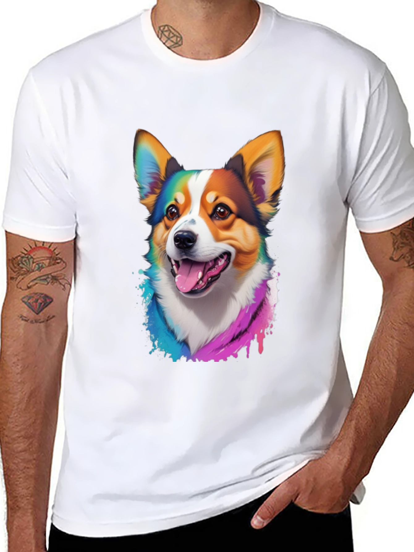 Rainbow Corgi Graphic Print Black T-Shirt