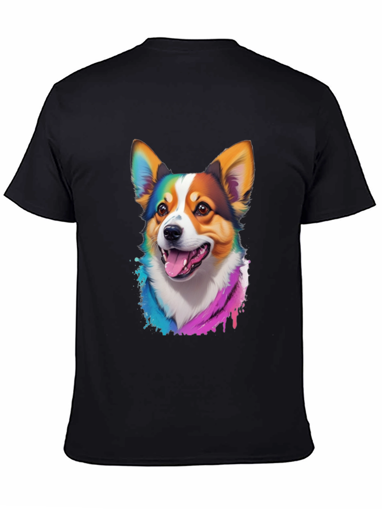 Rainbow Corgi Graphic Print Black T-Shirt