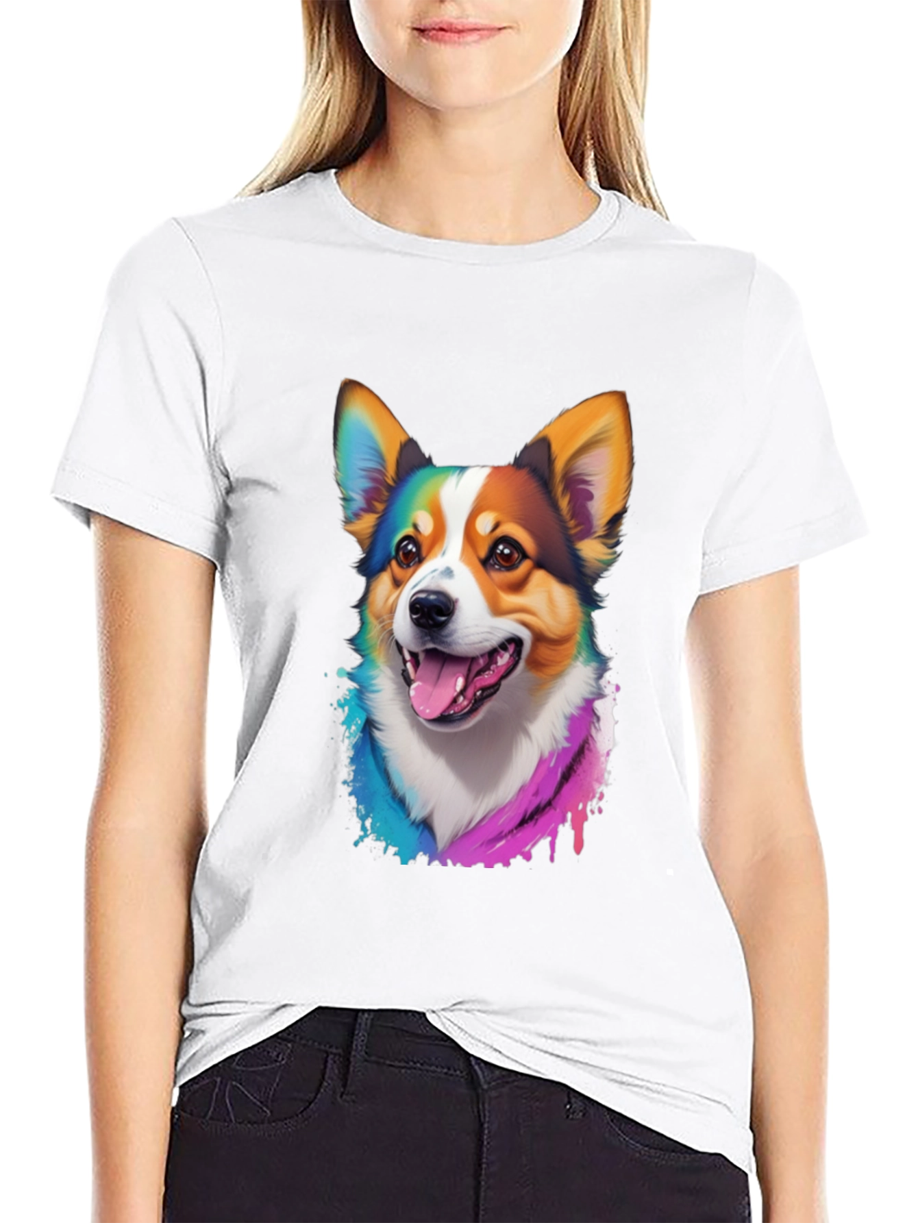 Rainbow Corgi Graphic Print Black T-Shirt