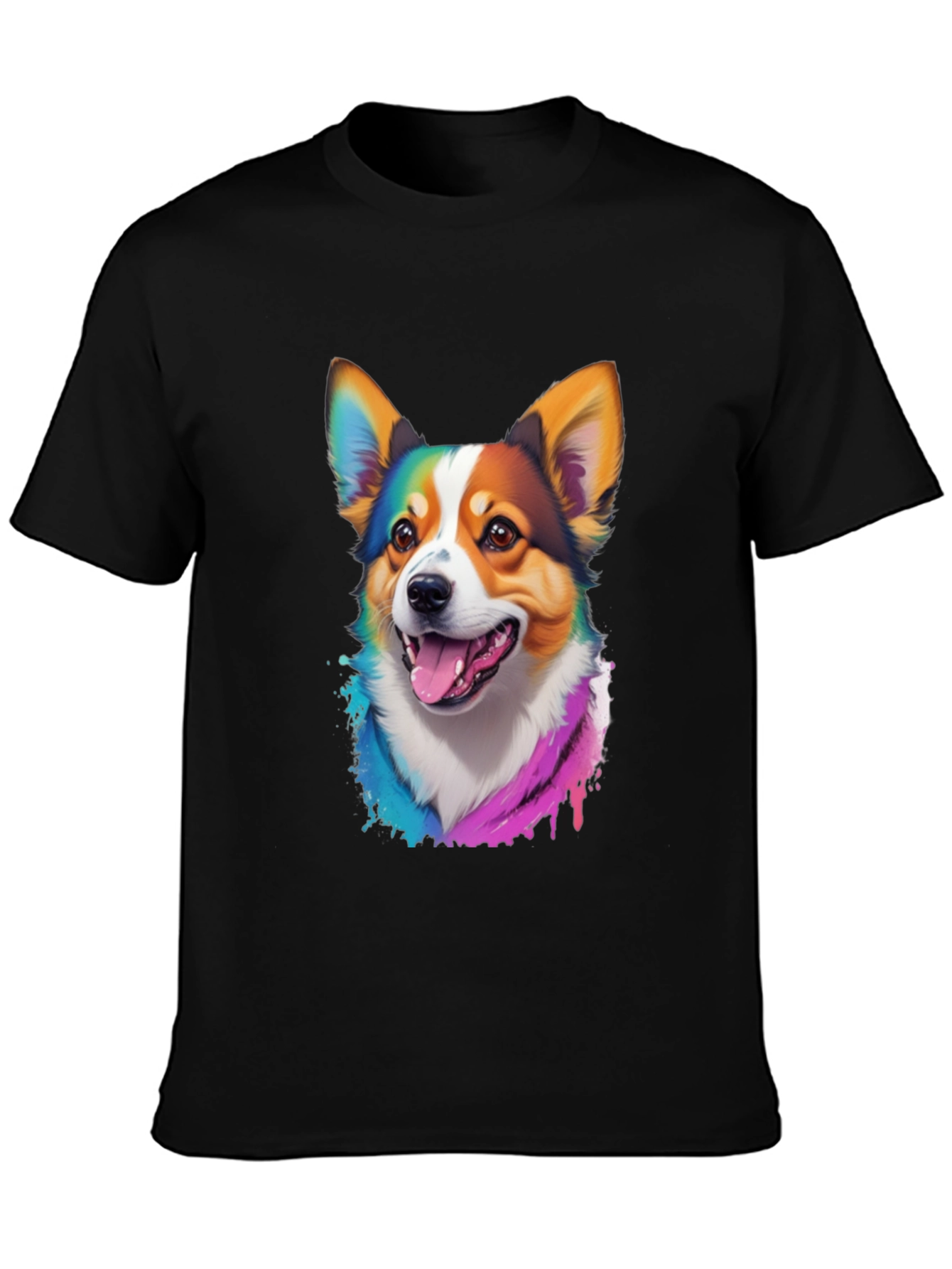 Rainbow Corgi Graphic Print Black T-Shirt