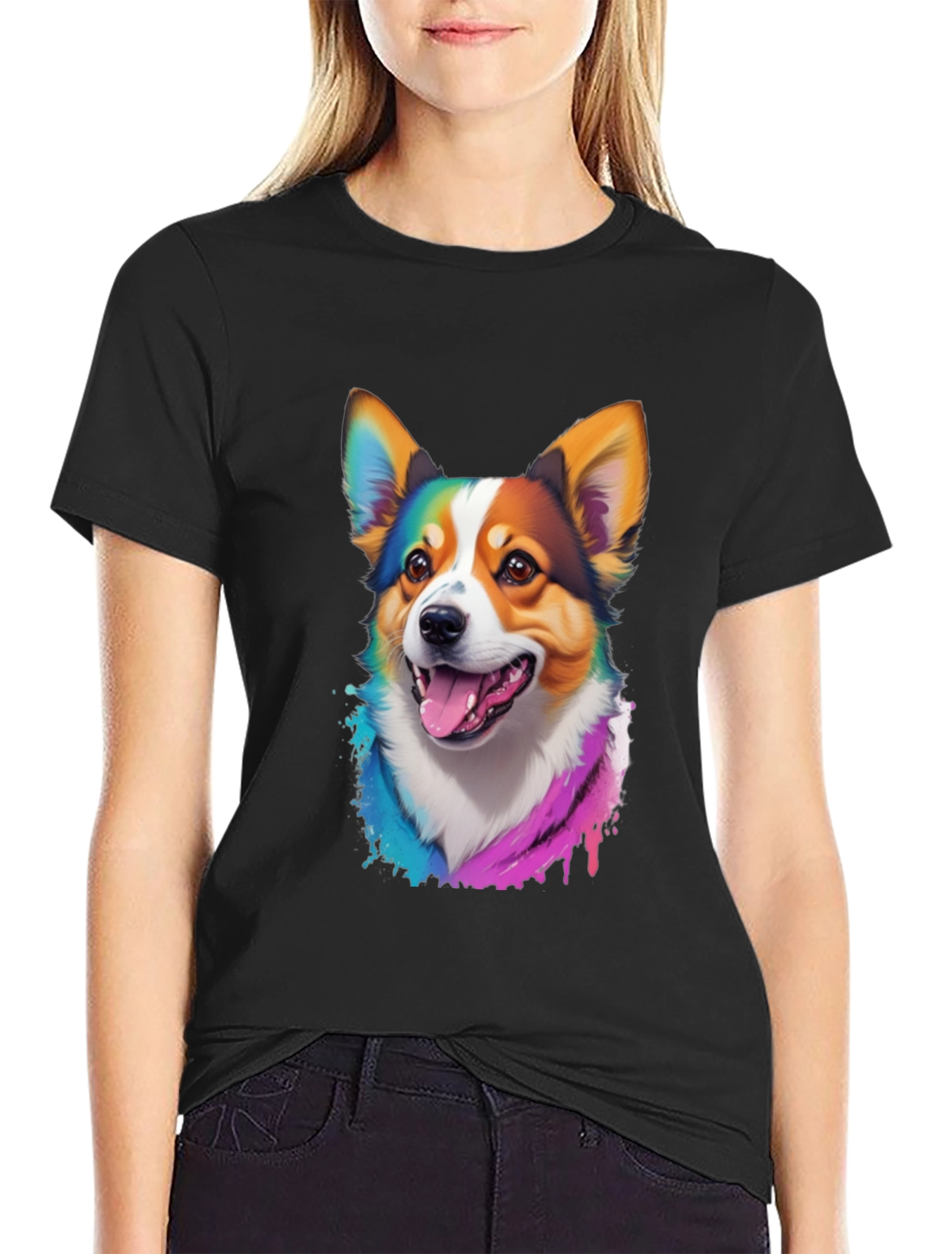 Rainbow Corgi Graphic Print Black T-Shirt