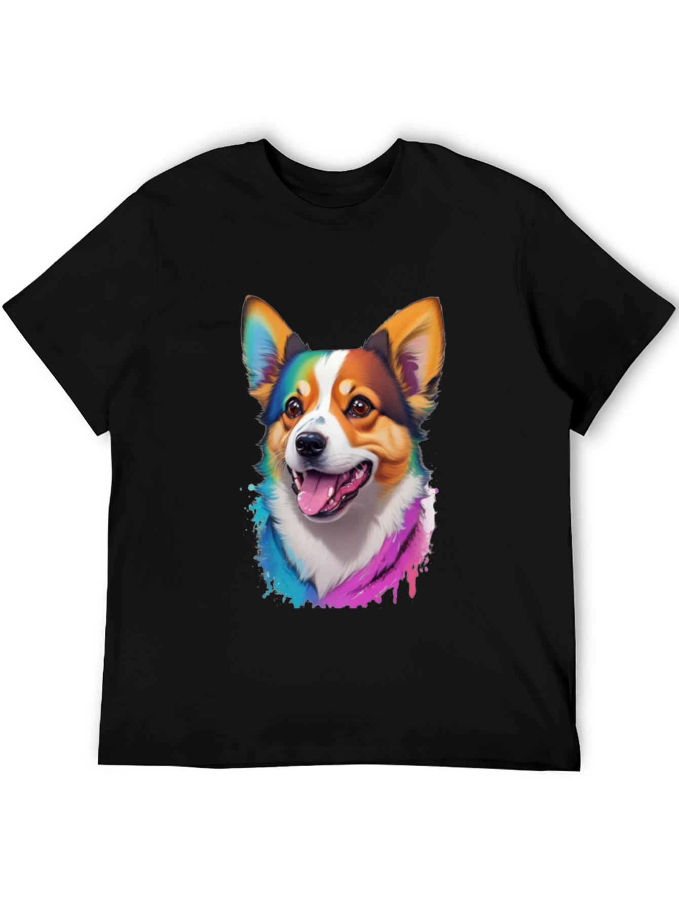 Rainbow Corgi Graphic Print Black T-Shirt