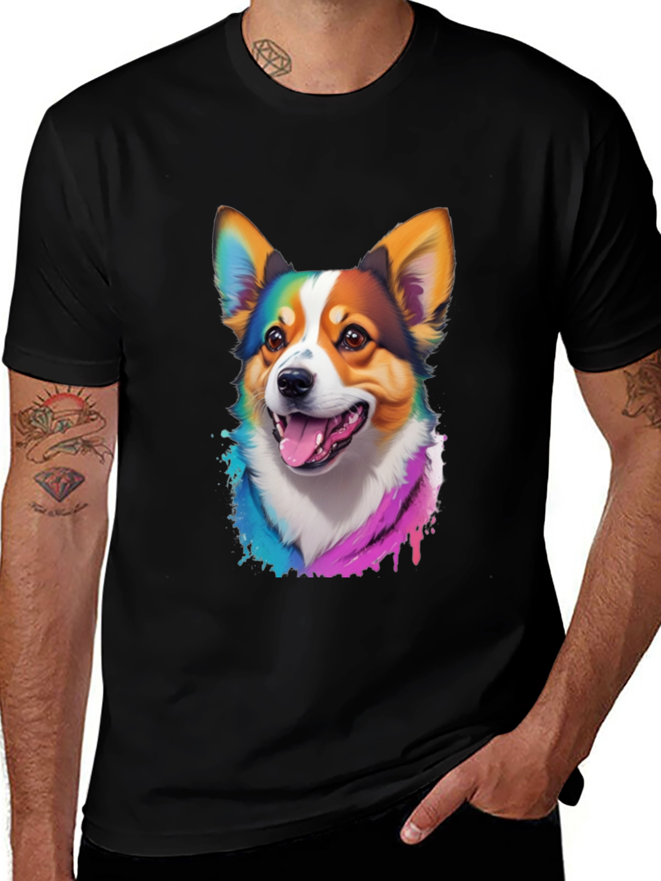 Rainbow Corgi Graphic Print Black T-Shirt