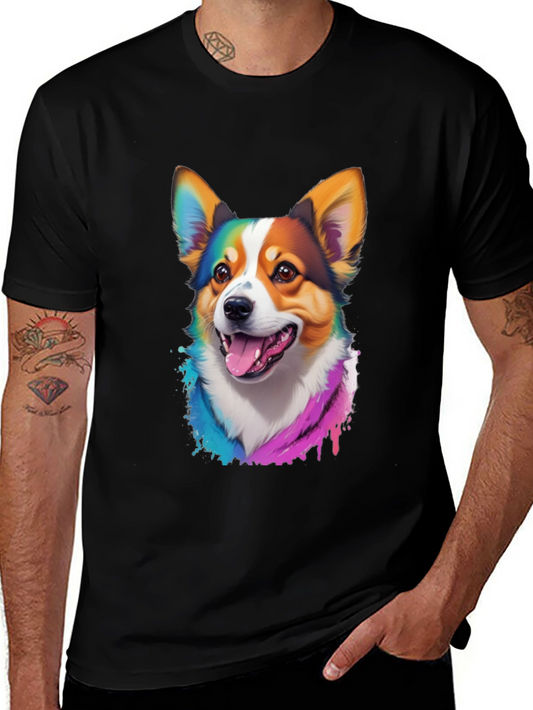 Rainbow Corgi Graphic Print Black T-Shirt