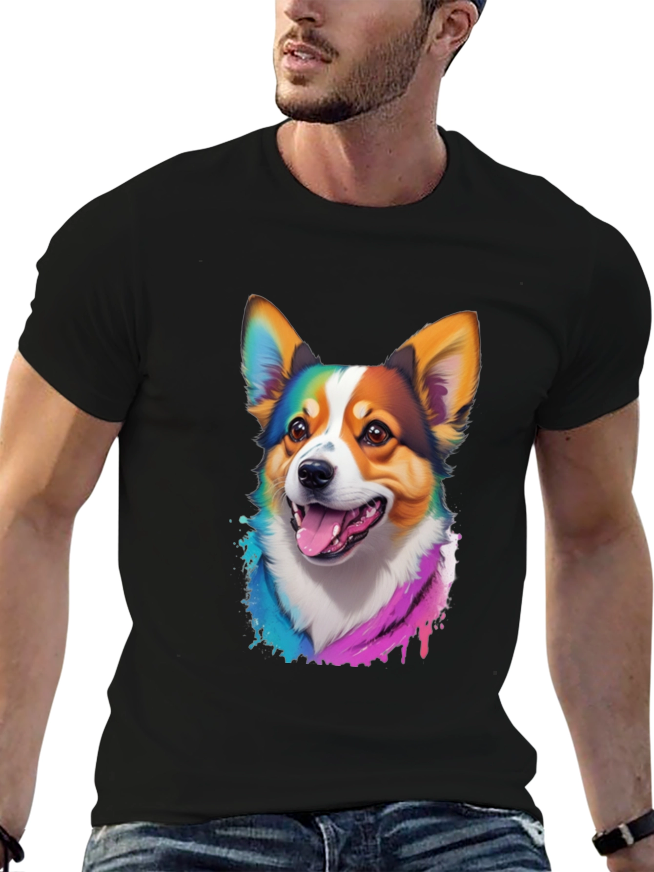 Rainbow Corgi Graphic Print Black T-Shirt