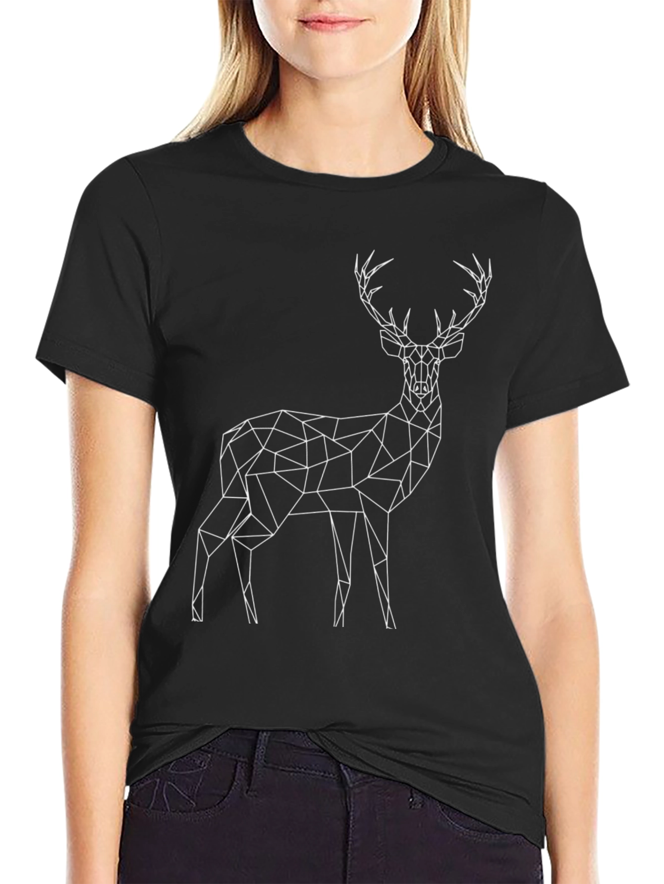 Geometric Deer Graphic Tee - Black