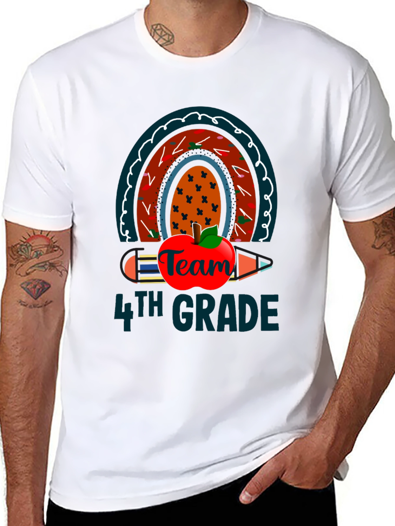 Team 4th Grade Teacher T-Shirt Rainbow Apple Pencil