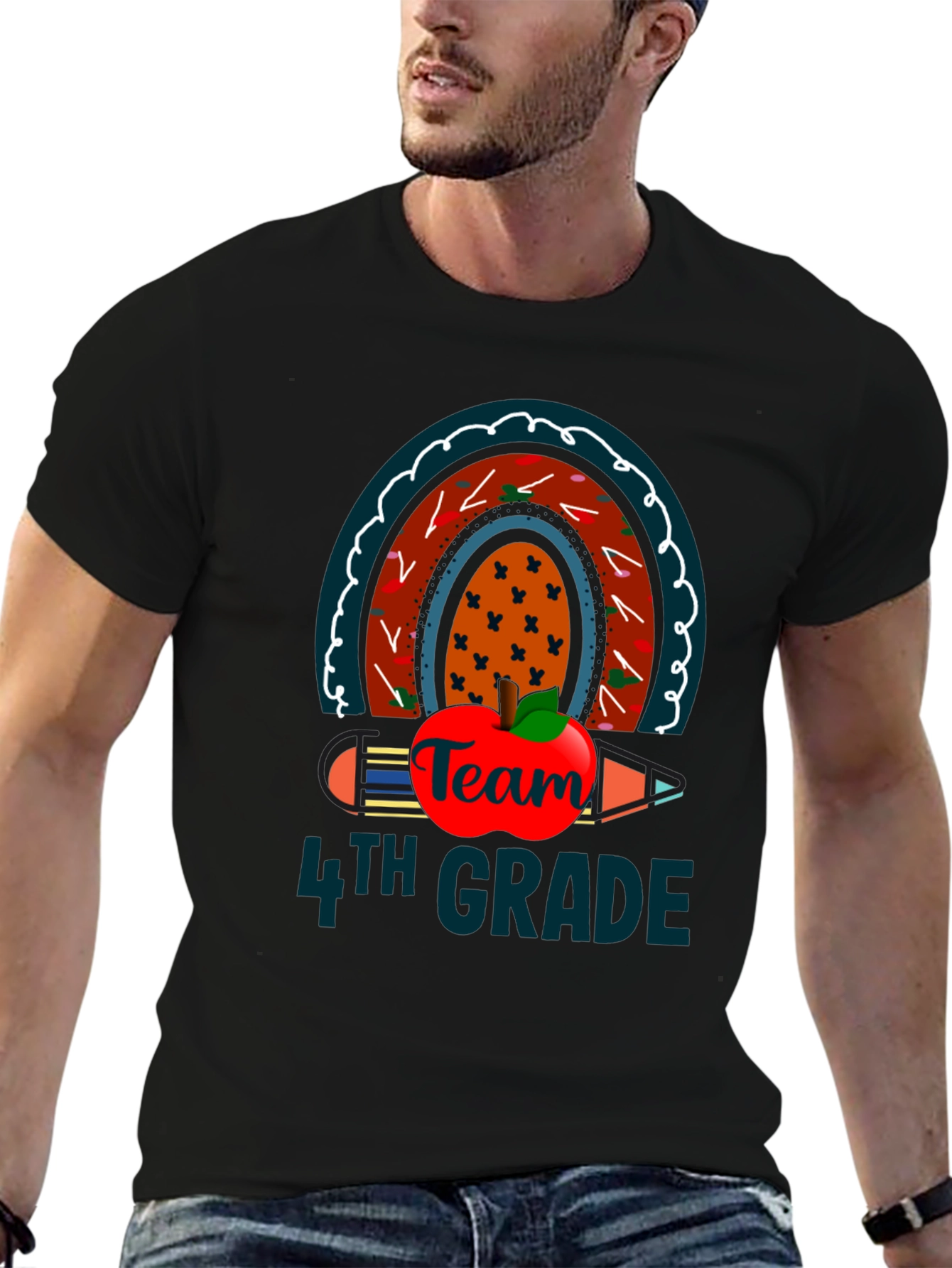 Team 4th Grade Teacher T-Shirt Rainbow Apple Pencil