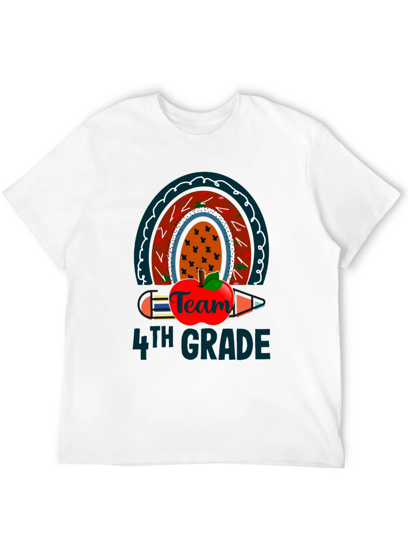 Team 4th Grade Teacher T-Shirt Rainbow Apple Pencil