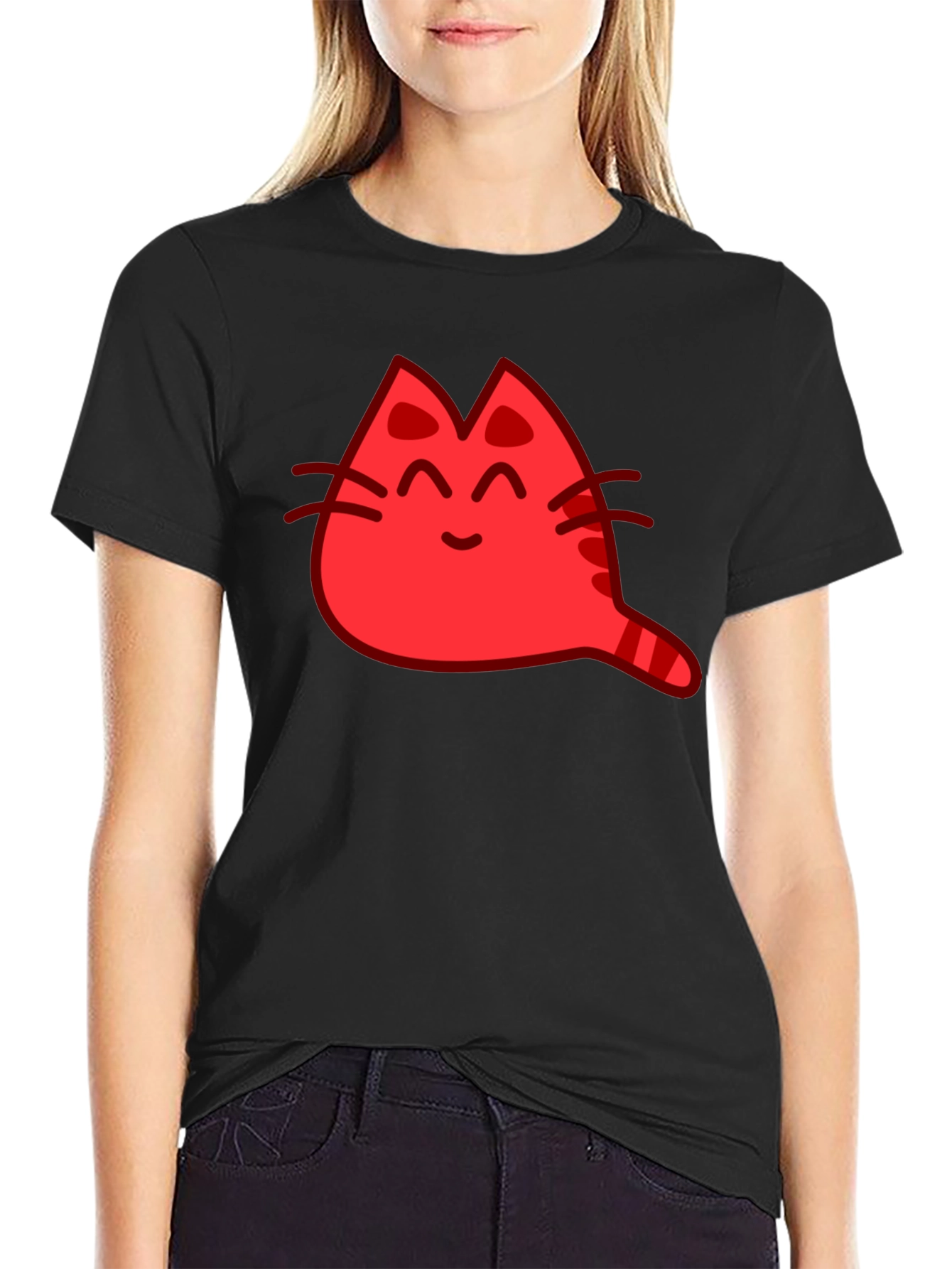 Red Cat Cartoon Graphic Black T-Shirt