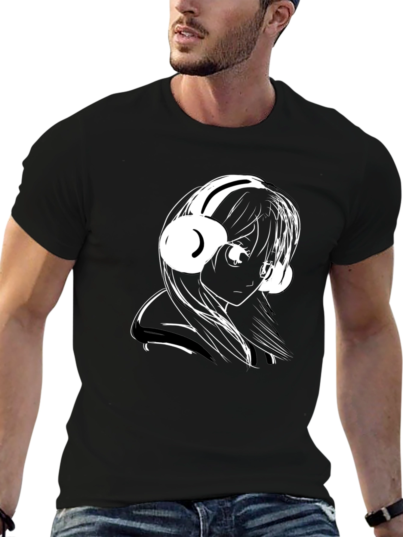 Anime Girl Headphones Black T-Shirt
