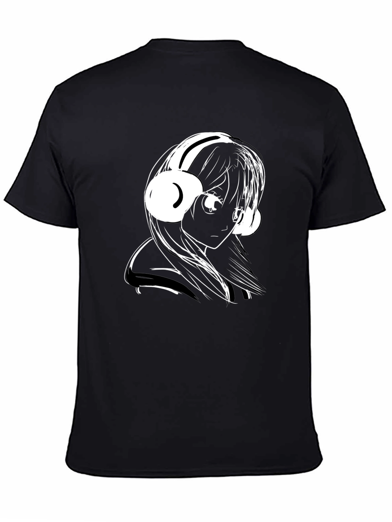 Anime Girl Headphones Black T-Shirt