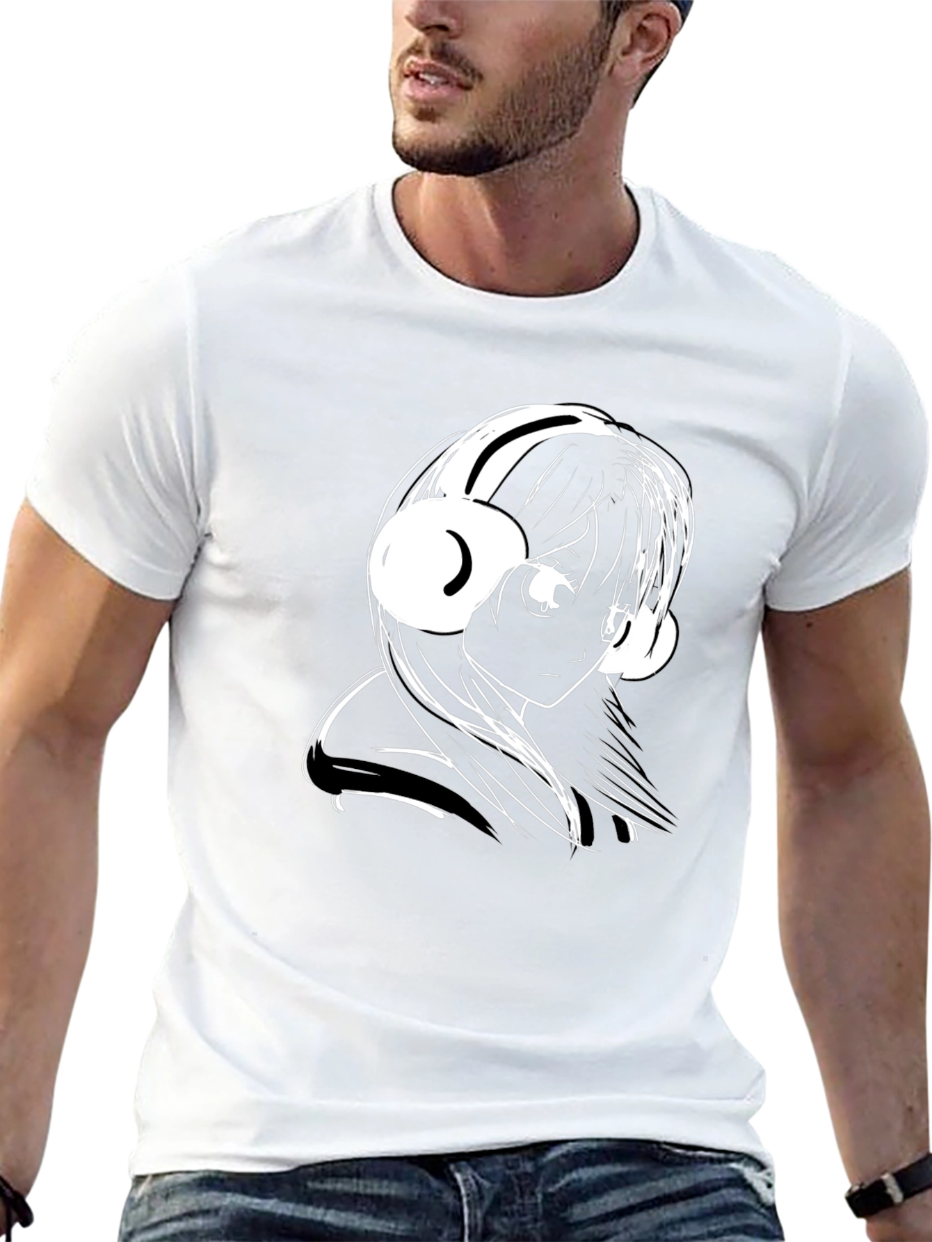 Anime Girl Headphones Black T-Shirt