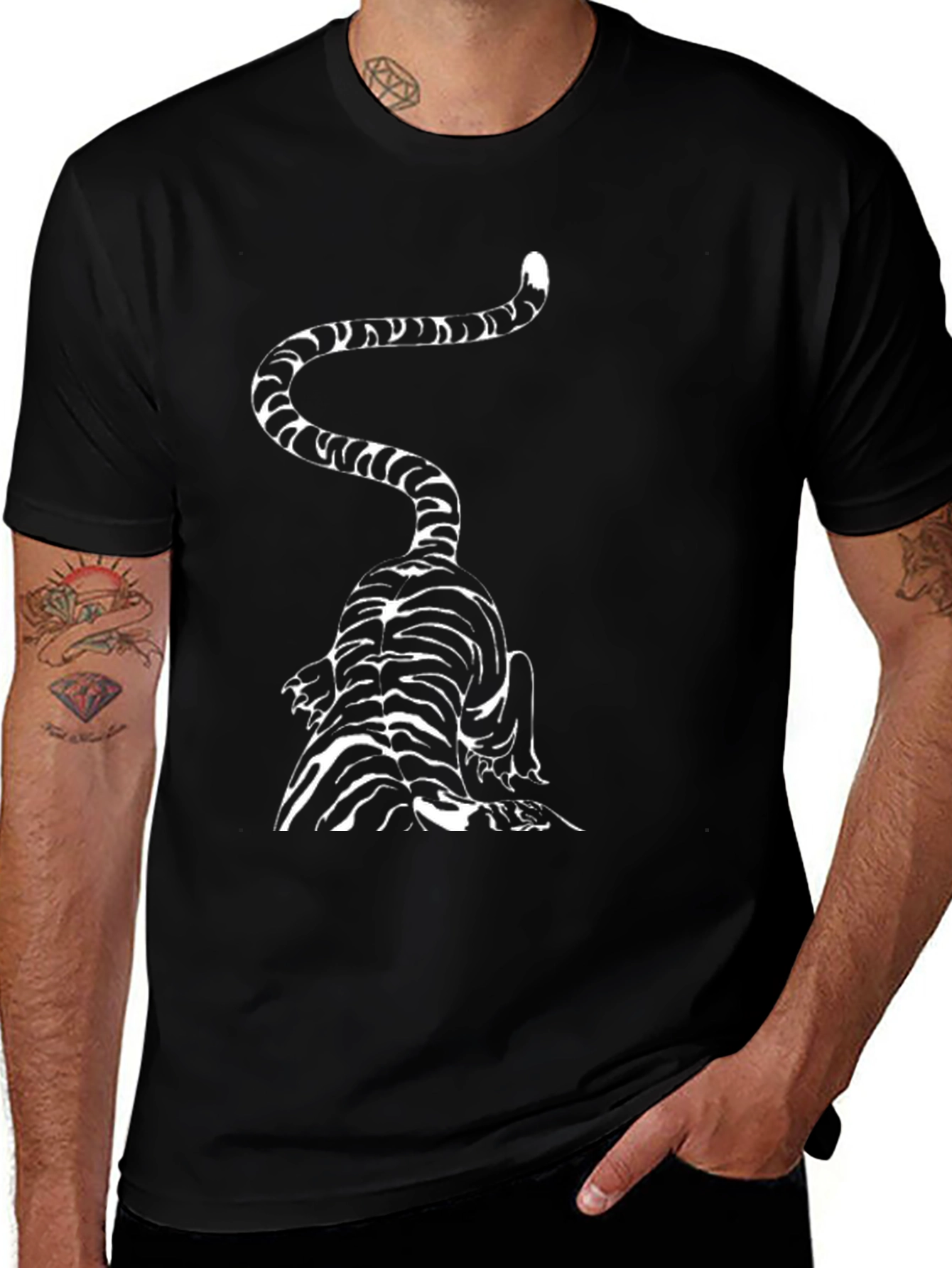 Striped Cat Graphic Tee - Black Cotton Blend