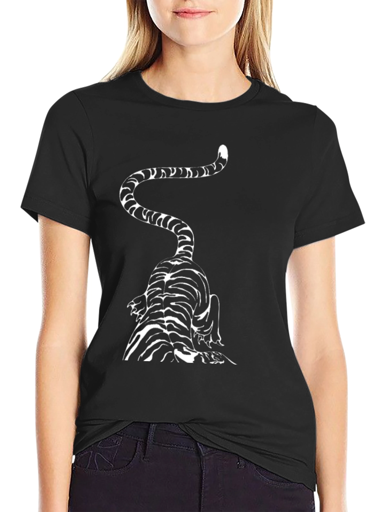 Striped Cat Graphic Tee - Black Cotton Blend