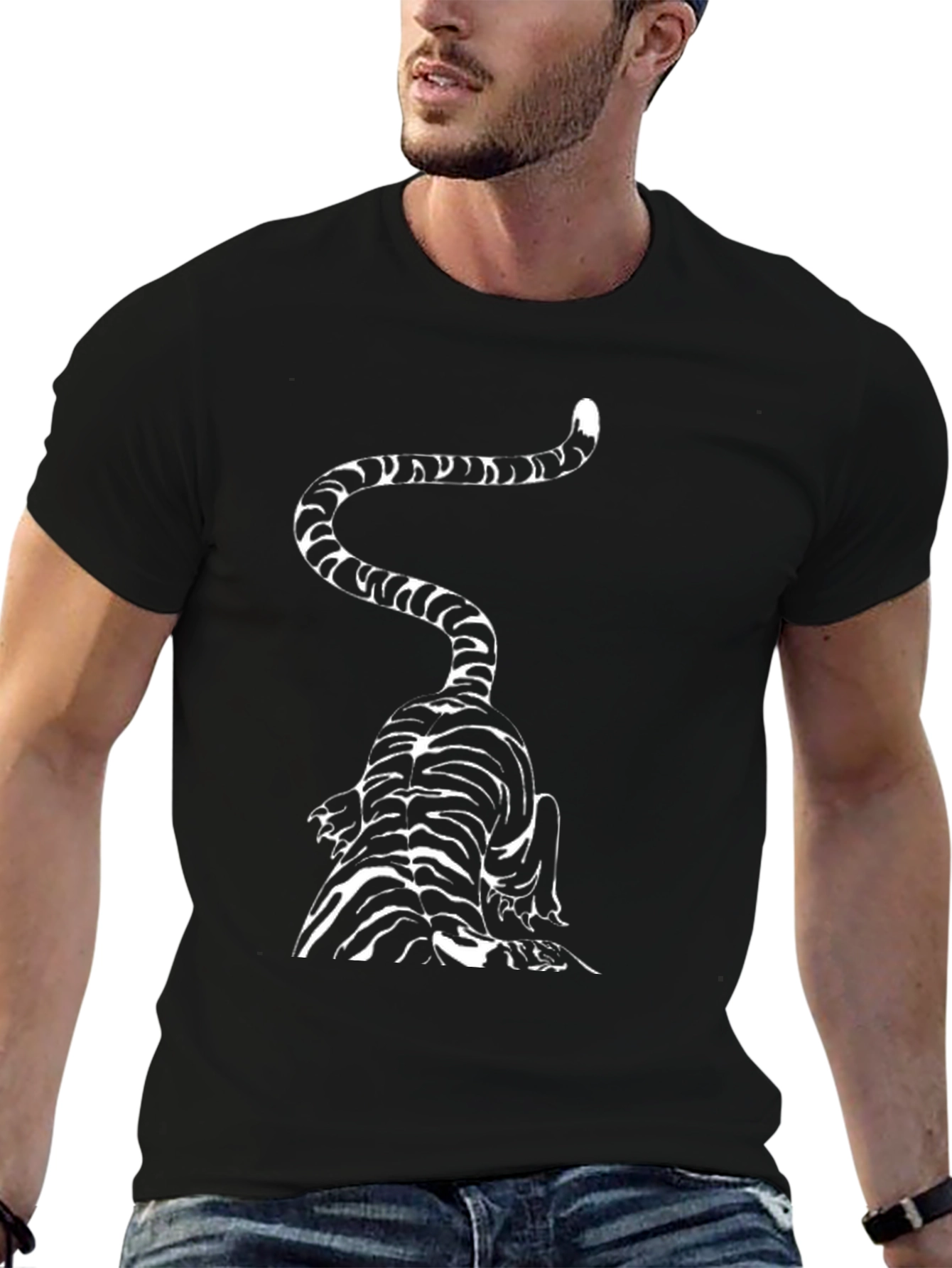 Striped Cat Graphic Tee - Black Cotton Blend