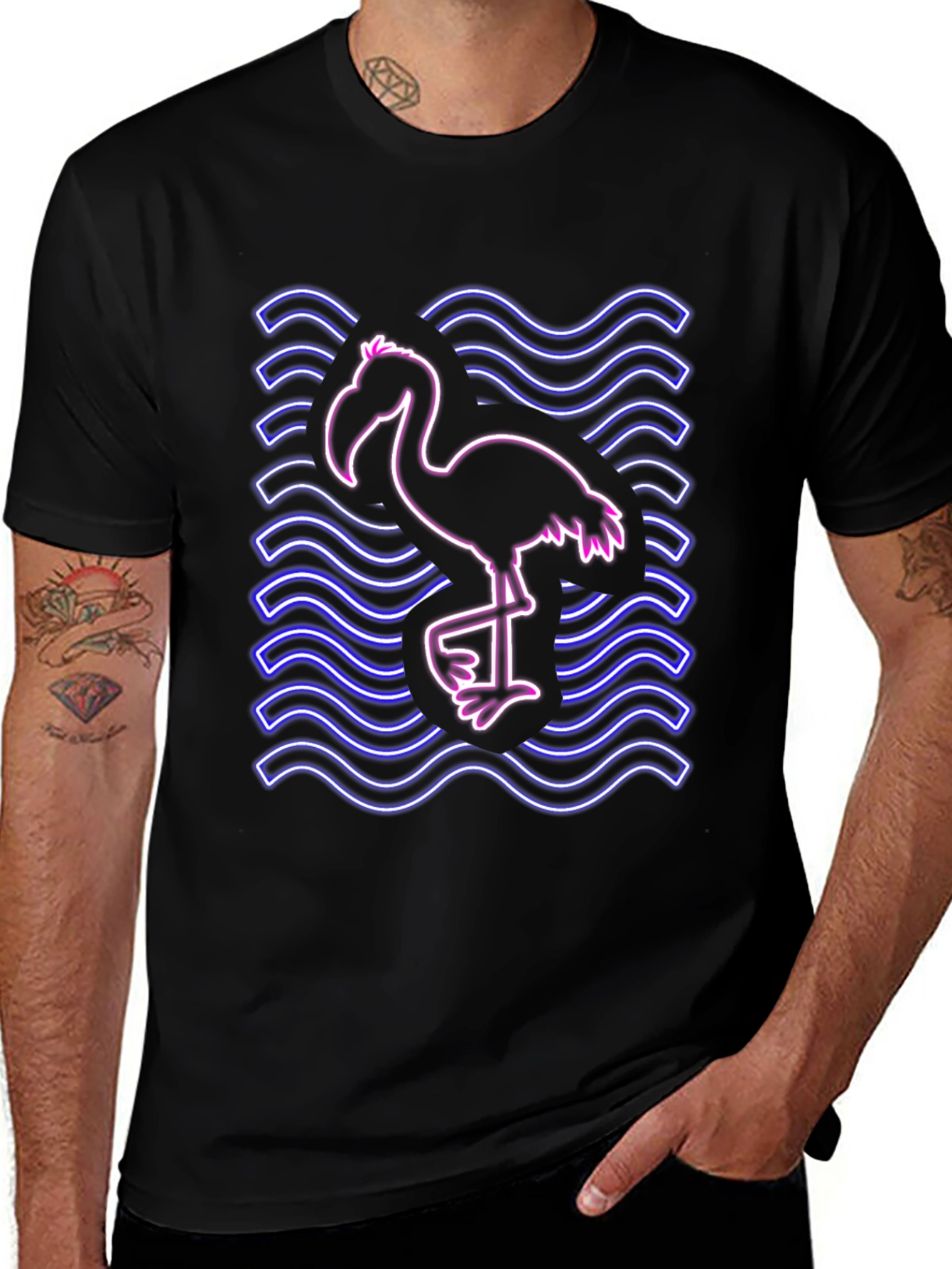Neon Flamingo Graphic Tee - Black Cotton Shirt