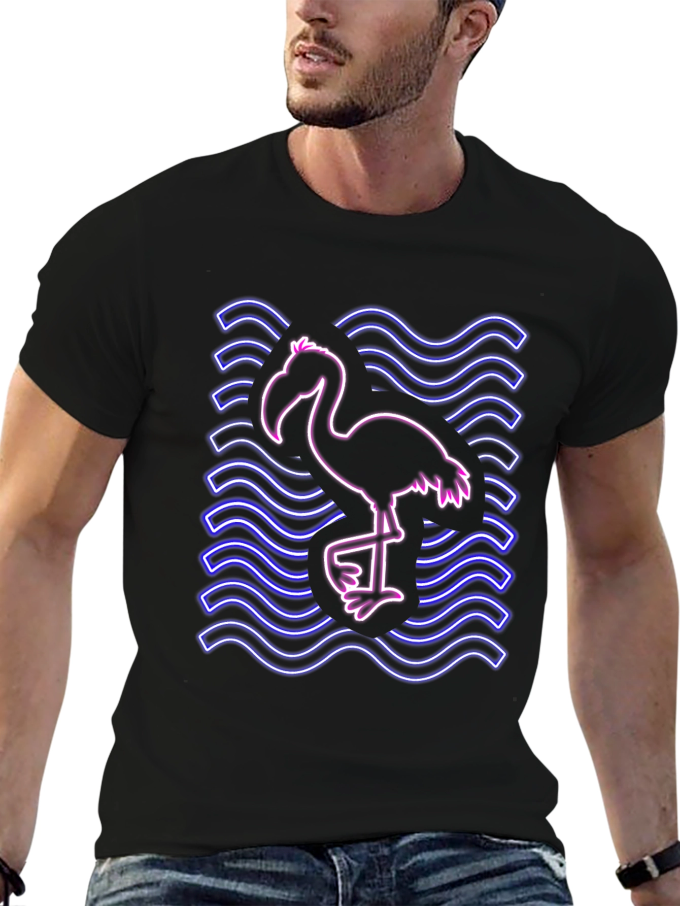 Neon Flamingo Graphic Tee - Black Cotton Shirt