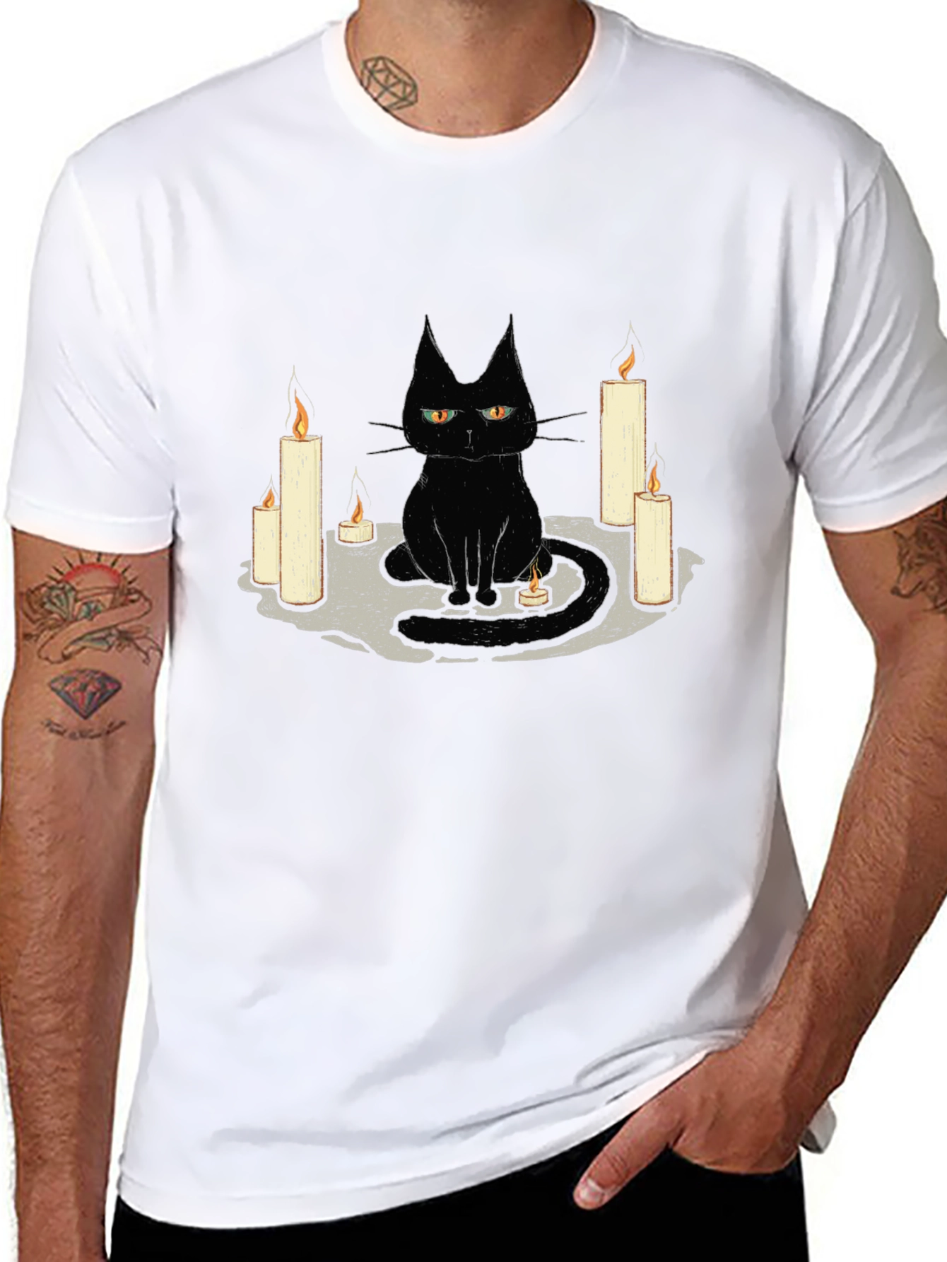 Black Cat Candle Graphic Tee - Unique Halloween T-Shirt