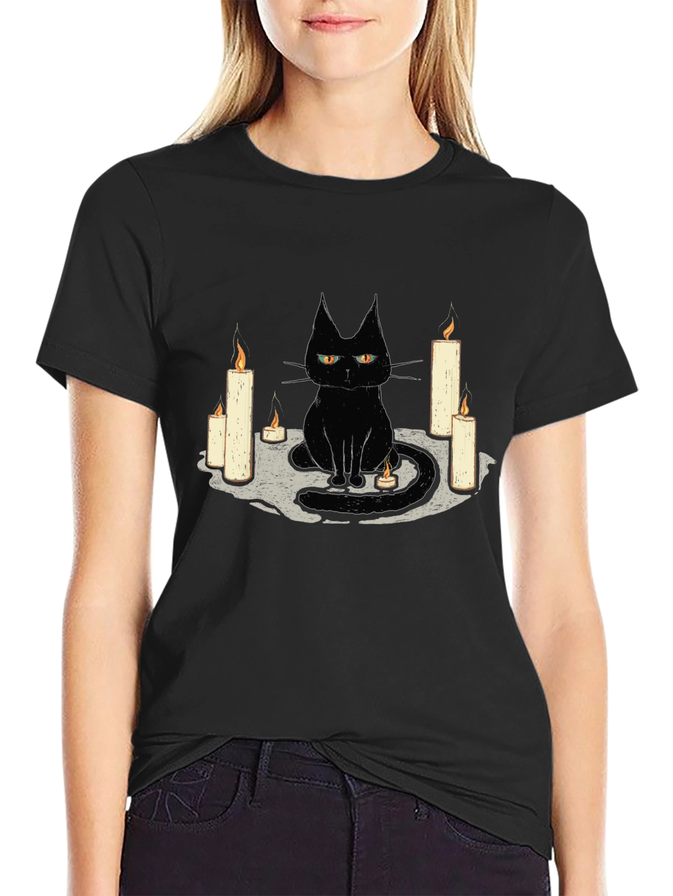 Black Cat Candle Graphic Tee - Unique Halloween T-Shirt