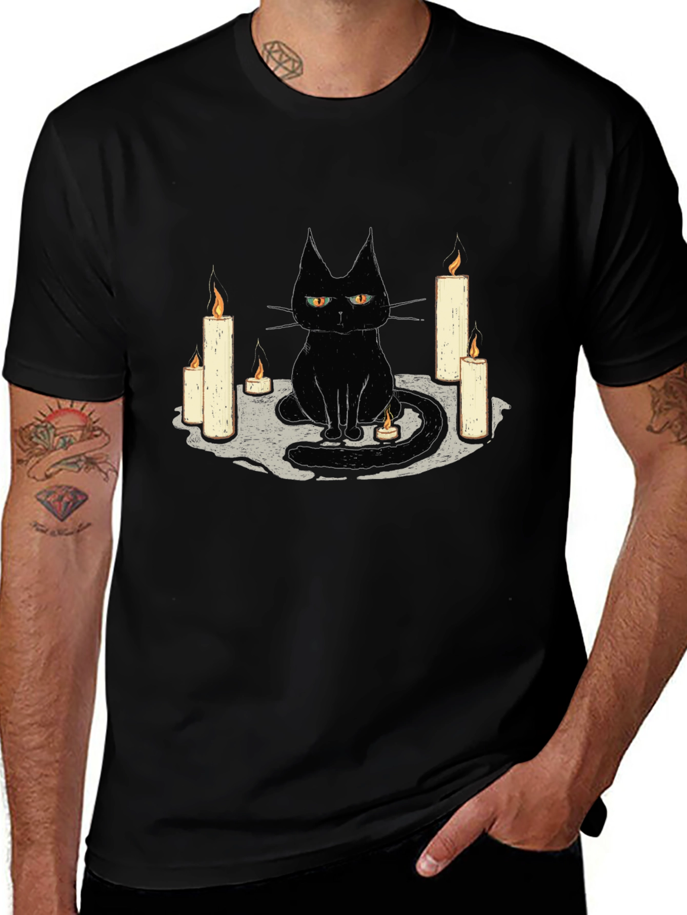 Black Cat Candle Graphic Tee - Unique Halloween T-Shirt