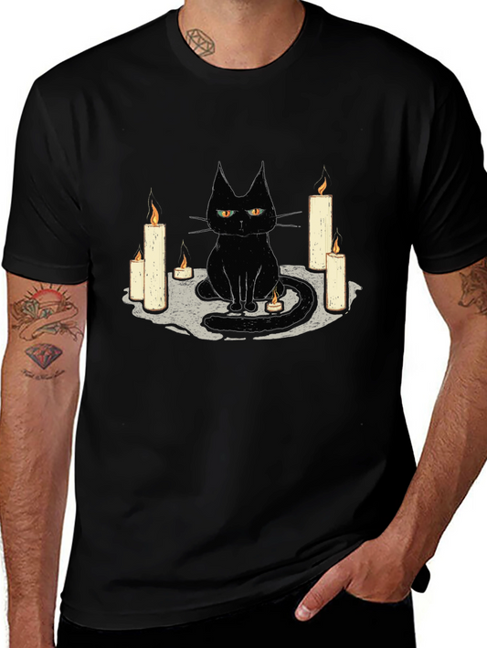 Black Cat Candle Graphic Tee - Unique Halloween T-Shirt