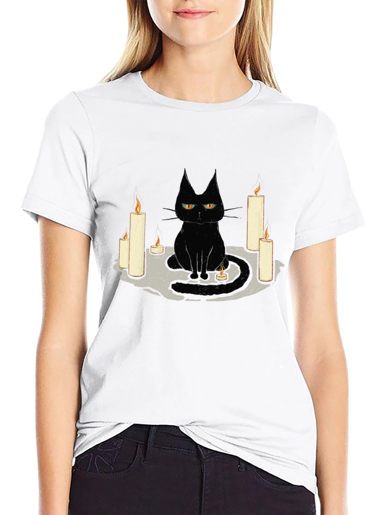 Black Cat Candle Graphic Tee - Unique Halloween T-Shirt