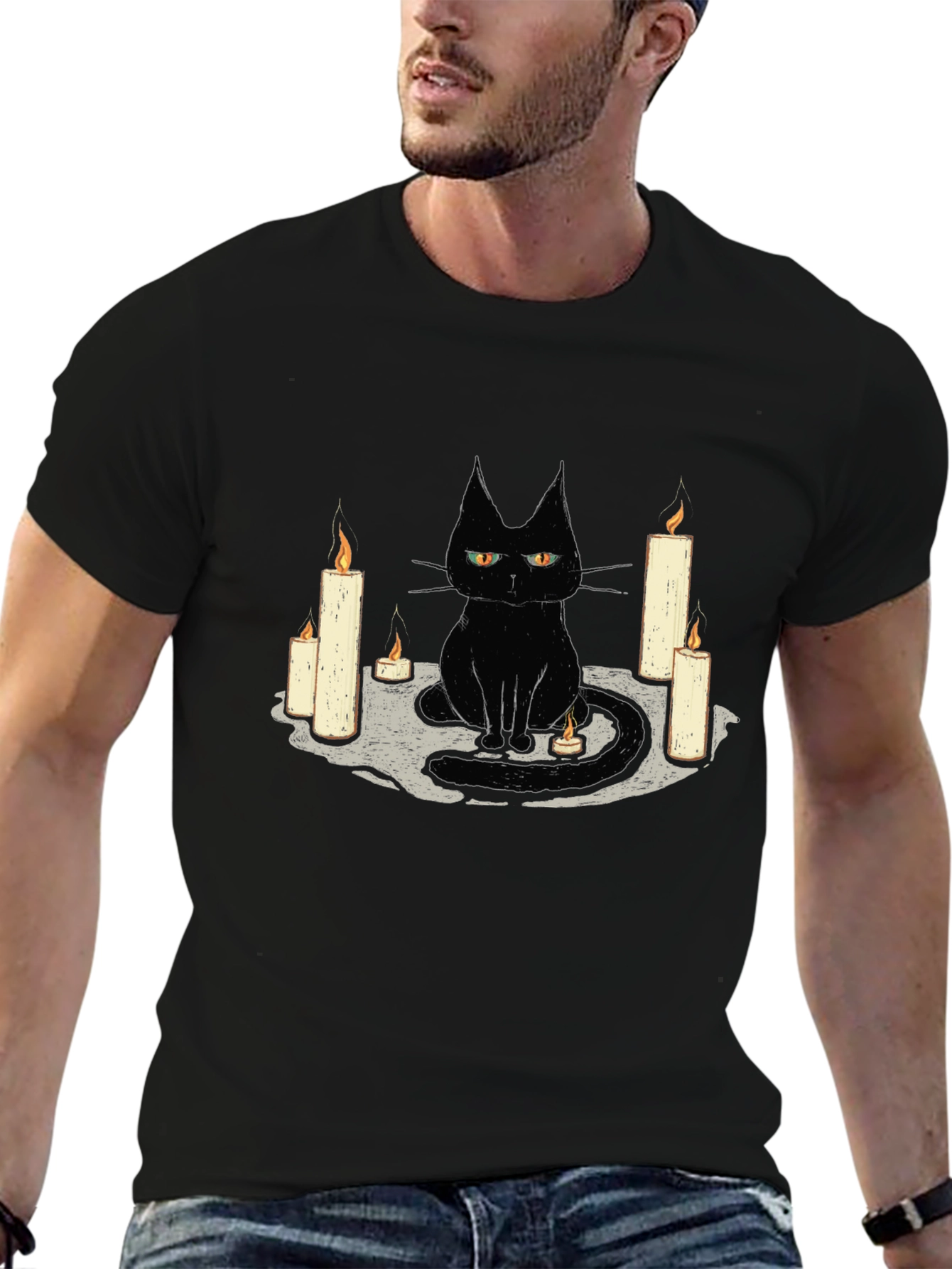 Black Cat Candle Graphic Tee - Unique Halloween T-Shirt