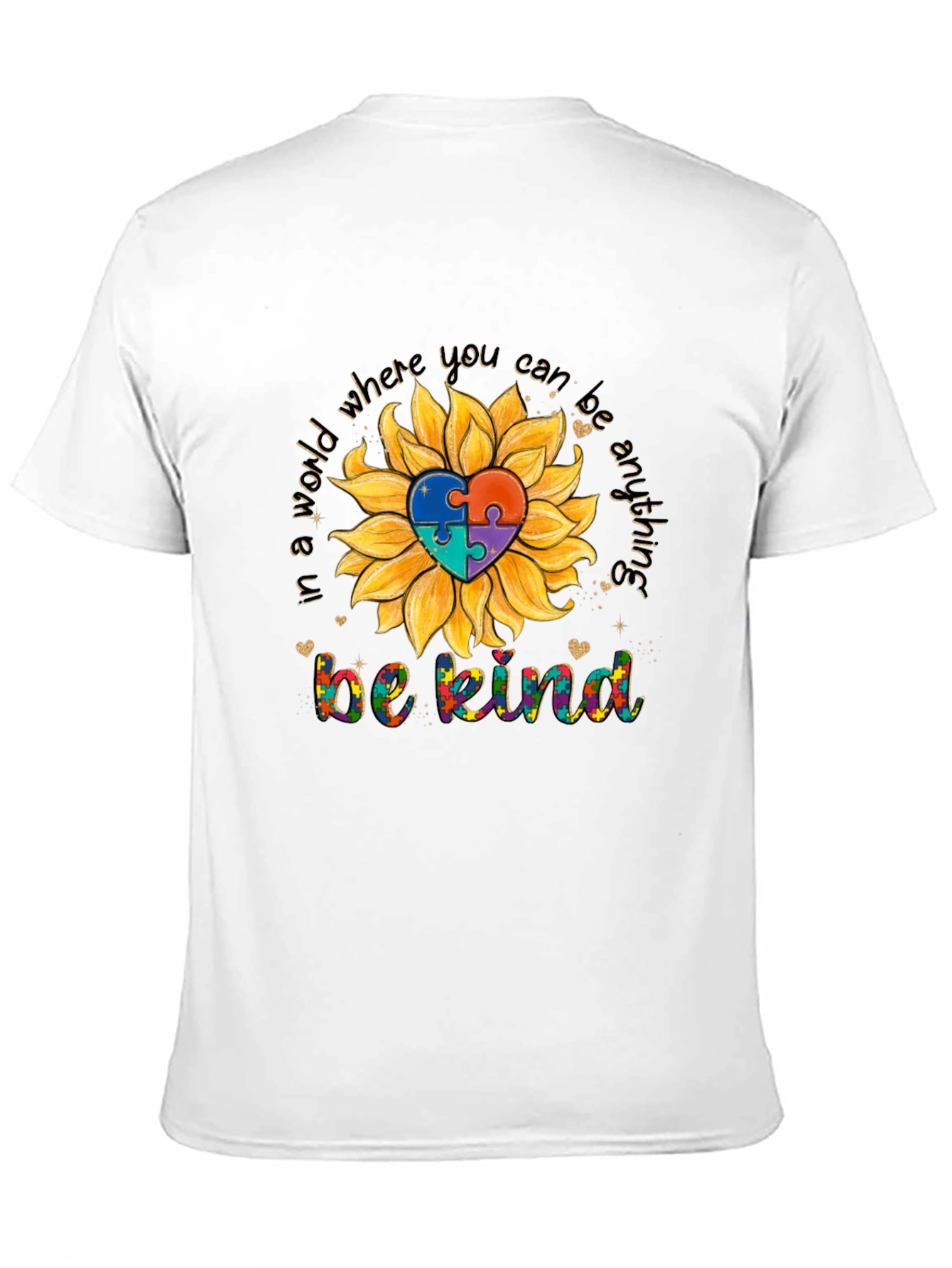Be Kind Autism Awareness Sunflower Puzzle Heart T-Shirt