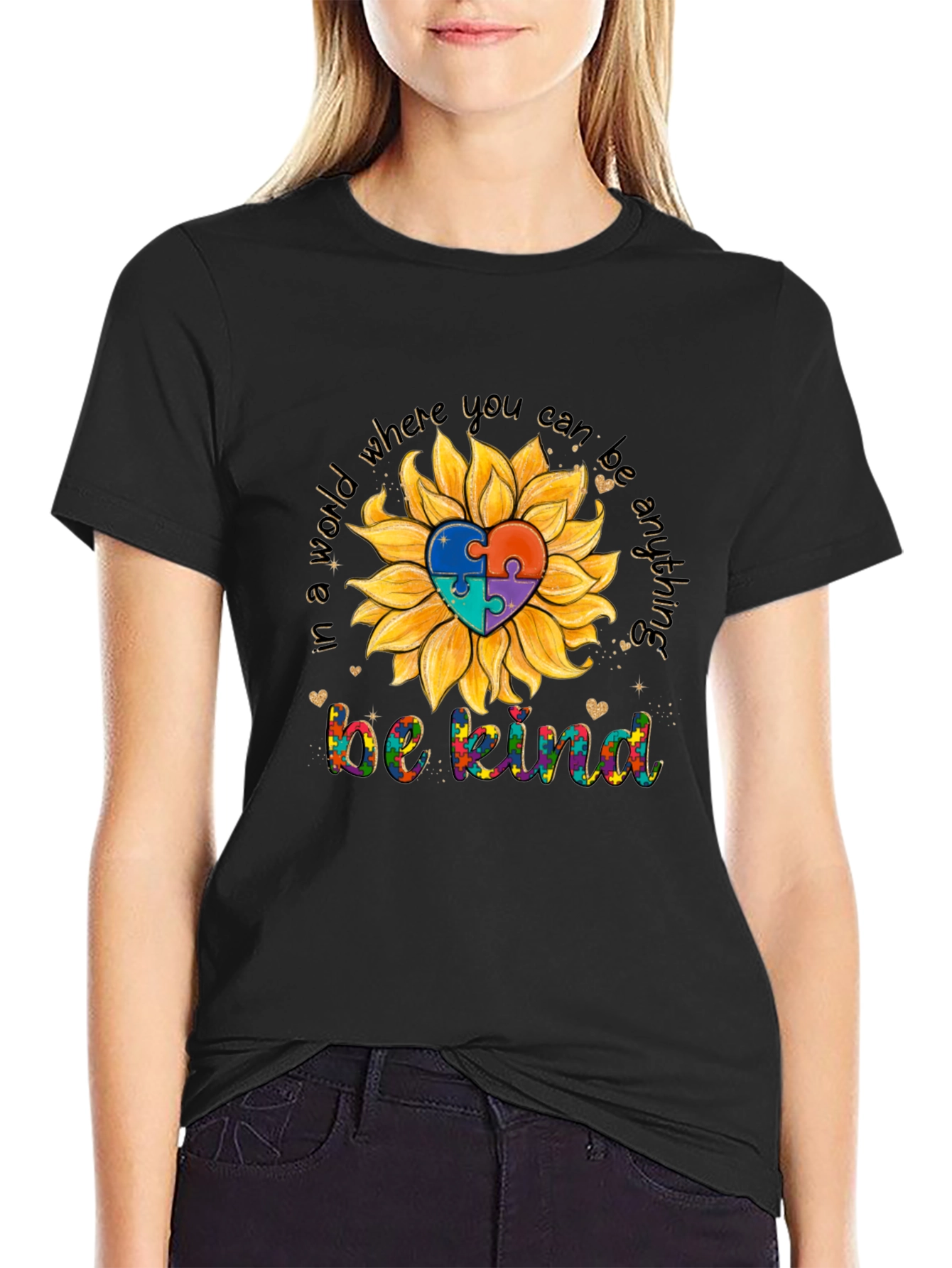 Be Kind Autism Awareness Sunflower Puzzle Heart T-Shirt